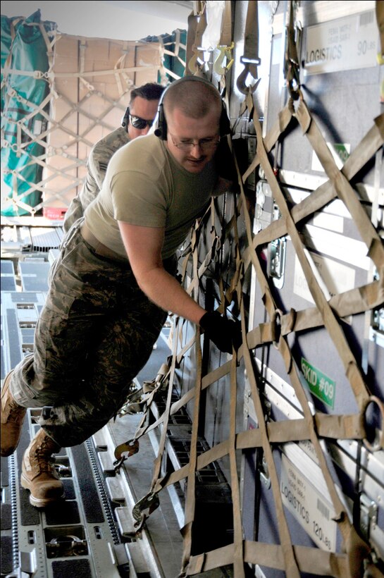 Airmen from the 89th Aerial Port Squadron load pallets onto a C-17 Globemaster III March 12, 2011, at Joint Base Andrews, Md. Air transportation Airmen prepared 14 pallets of technical search-and-rescue gear, including inflatable swift-water rescue boats, generators, trench rescue and cutting equipment. The gear is being transported by C-17 to provide assistance after an earthquake and tsunami hit Japan March 11, 2011. (U.S. Air Force photo/Senior Airman Perry Aston) 