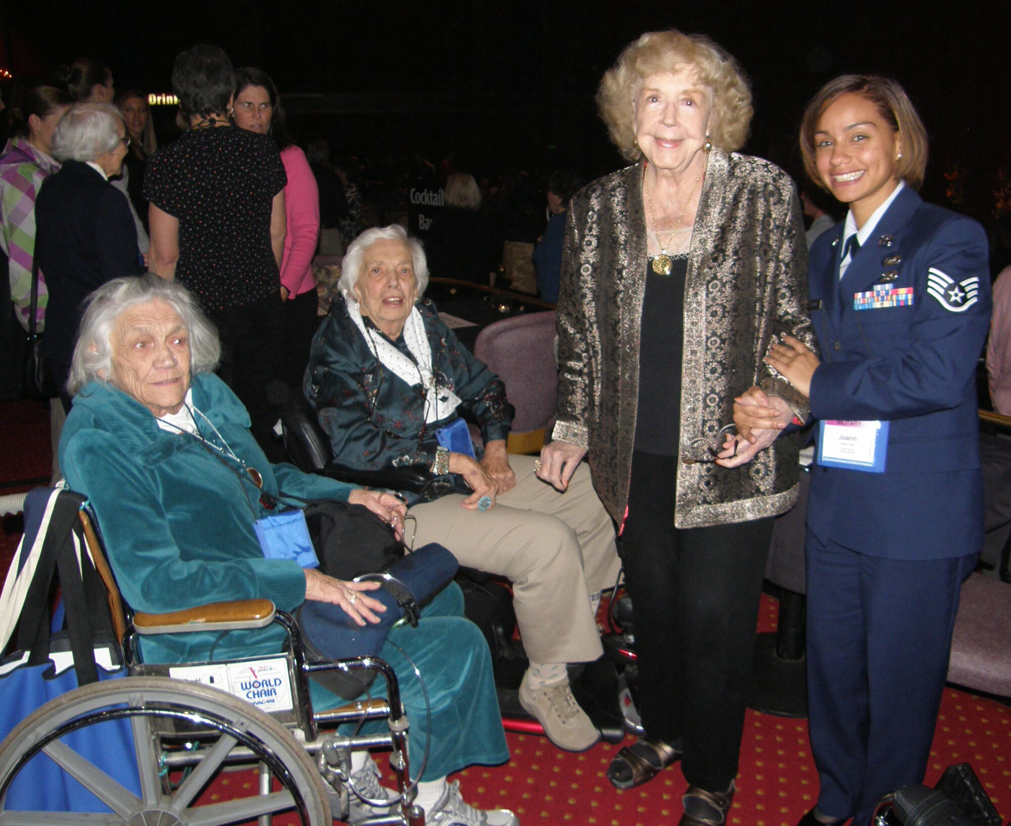 Staff Sgt. Joann Colon, 512th Logisitics Readiness Squadron, takes a photo with Women Airforce Service Pilot Alyce Stevenson Roher. More than 1,000 civilian female pilots flew military aircraft under the direction of the United States Army Air Forces during World War II. Sergeant Colon was one of 11 reservists from the 512th Airlift Wing who attended the 22nd Annual International Aviation for Women Conference Feb. 24-26 in Reno, Nev. (U.S. Air Force photo)