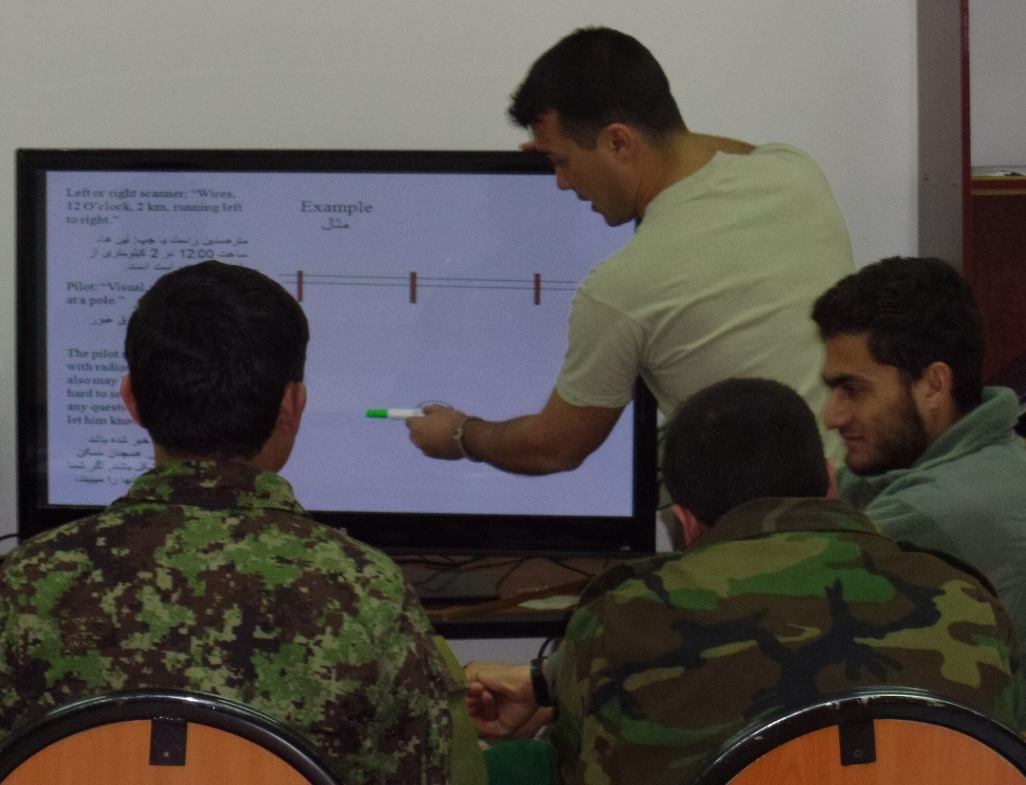SHINDAND, Afghanistan – Air Force Staff Sgt. Christopher A. Morford stationed out of Davis Monthan Air Force Base, a Flying Crew Chief Air Adviser, instructs Afghan Air Force members in the flying air crew chiefs course material at Shindand, Afghanistan. (U.S. Air Force Photo Courtesy of Staff Sgt. Justin Shults)