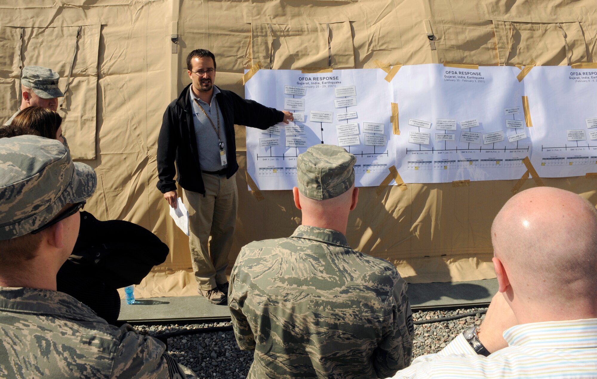 TRANSIT CENTER AT MANAS, KYRGYZSTAN -  Mr. Yoni Bock, U.S. Agency of International Development Office of Foreign Disaster Assistance rep and instructor, highlights the steps needed to coordinate a joint relief effort to a large-scale emergency such as earthquakes, hurricanes or typhoons here March 8.  Transit Center officials met with representatives from the U.S. AID and the US Department of State for a two-day course on humanitarian operations.  (U.S. Air Force photo/ Tech. Sgt. Jerome C. Baysmore)