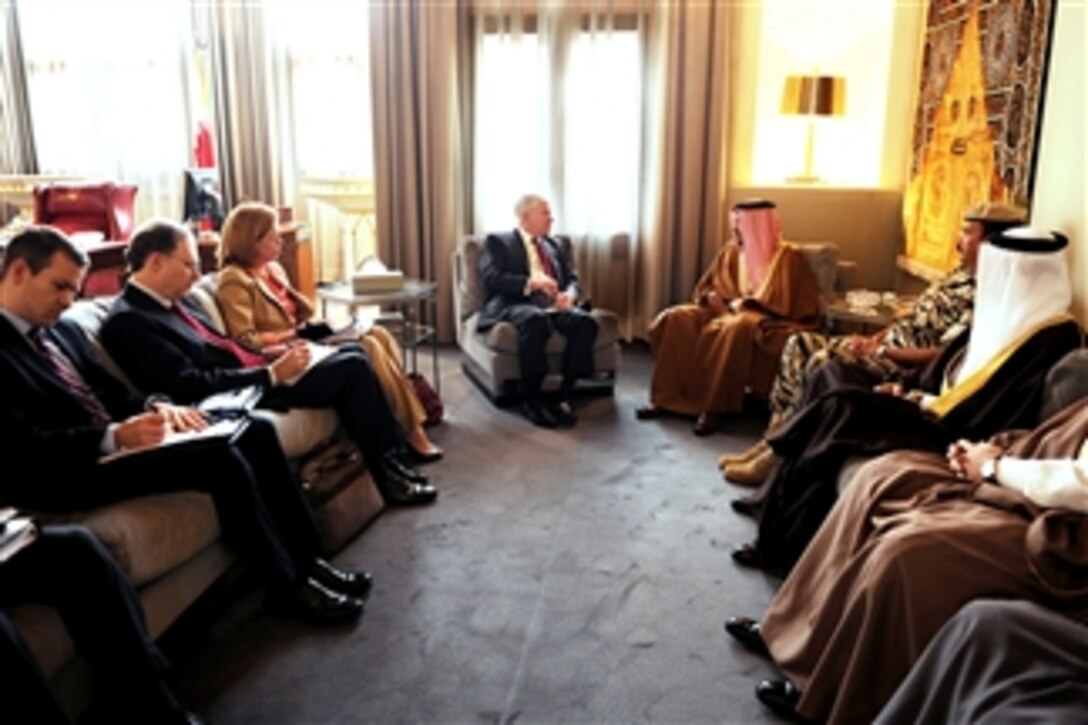 Secretary of Defense Robert M. Gates meets with the Crown Prince of Bahrain Salman bin Hamad al-Khalifa at Riffa Palace in Bahrain on March 12, 2011.  