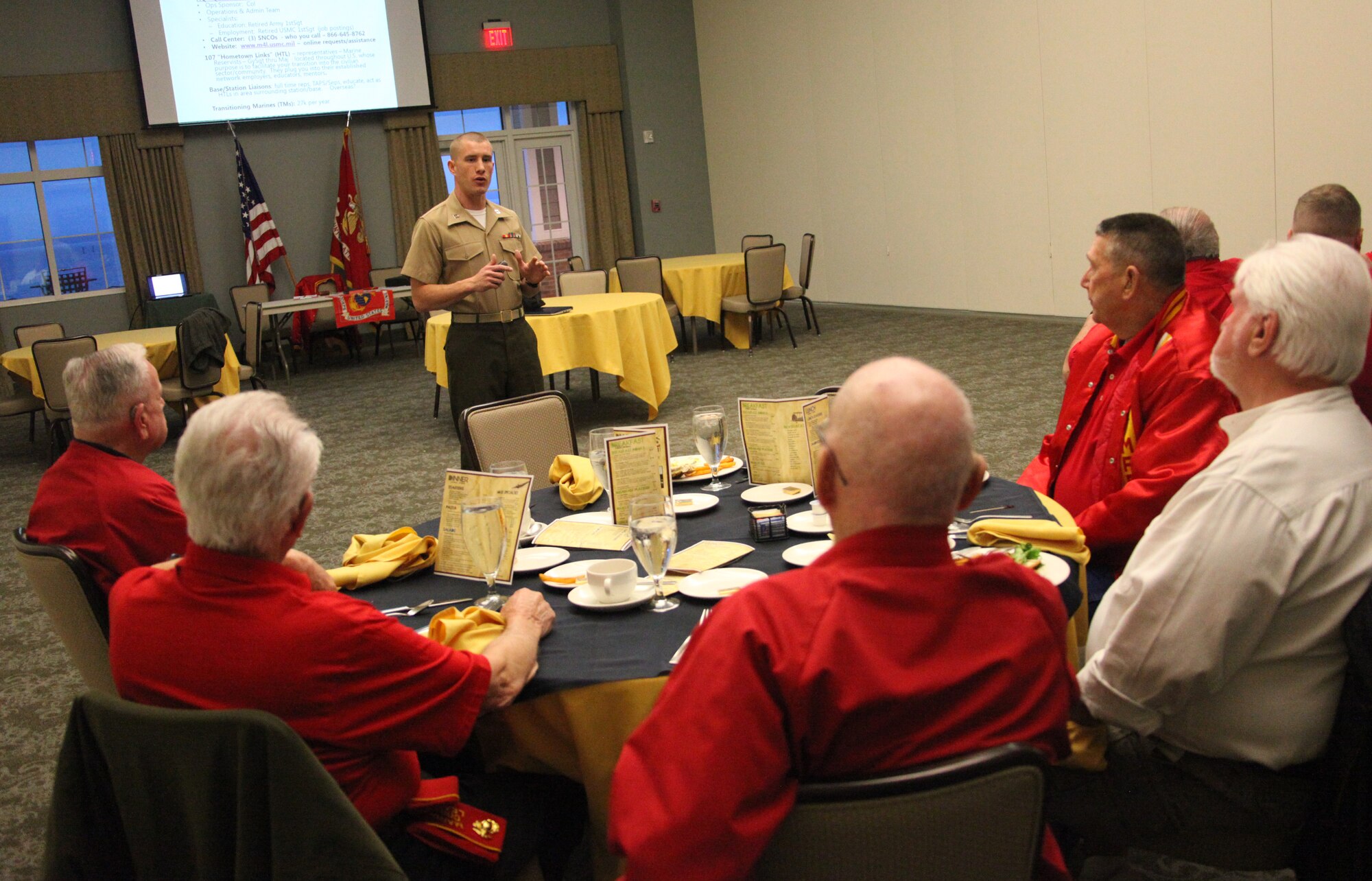 Capt. Stephen A. Harding, Cherry Point’s Marine for Life Liaison, tells Marine Corps League representatives about the missions of the Marine for Life program at Miller’s Landing March 15. Marine for Life works to support Marines with problems they may encounter after they end their active service. Harding said he believes that Marine for Life is a very important program because Marines may not know where opportunities exist when they get out of the Corps. Marine for Life helps to connect Marines with opportunities to make the transition to the civilian world easier.