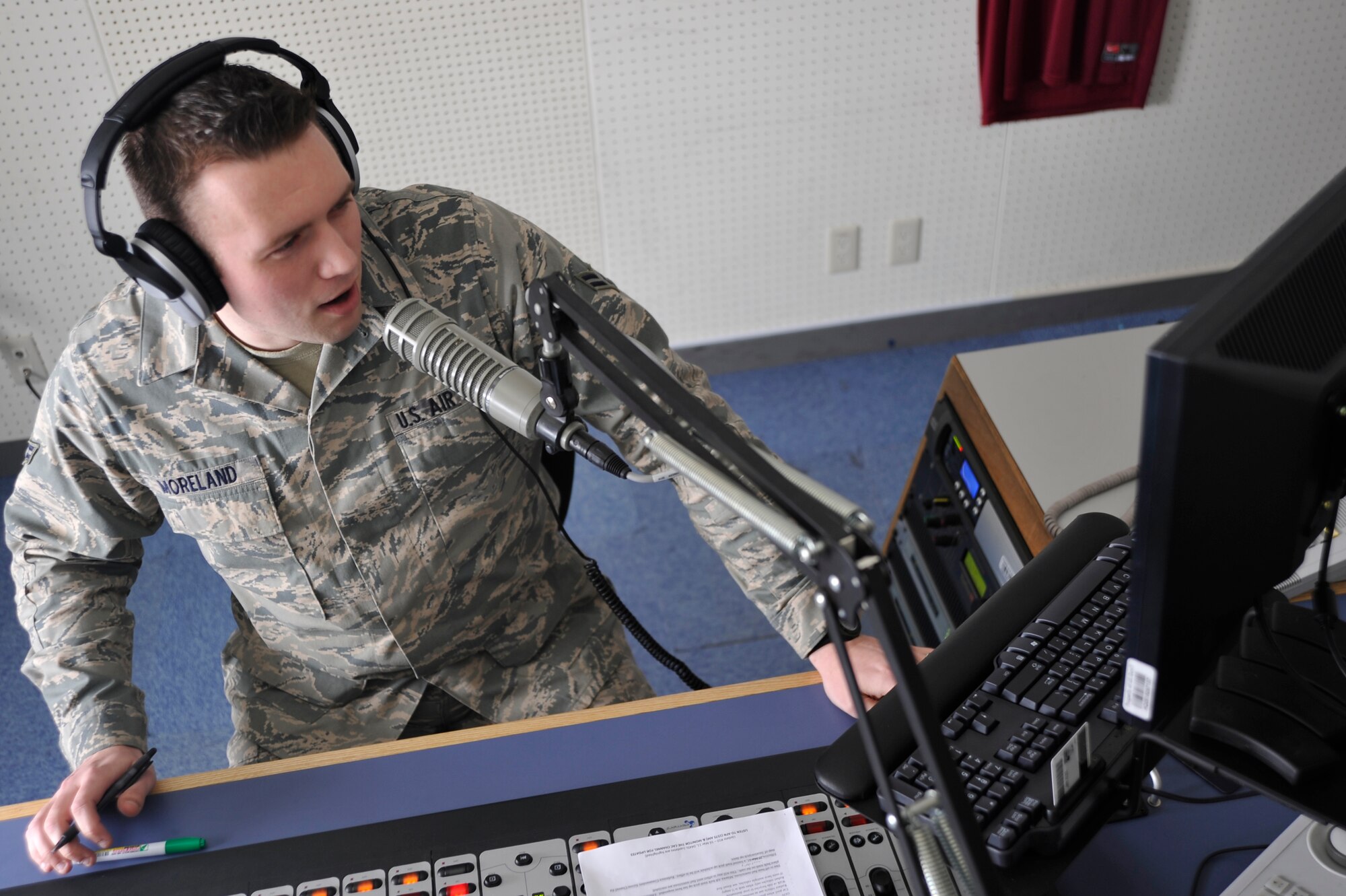 MISAWA AIR BASE, Japan – Airman First Class Jimmy “The Airman” Moreland, Detachment 12, American Forces Network broadcaster, broadcasts “The Morning Mix Radio Show” at AFN.  Airmen Moreland keeps base and local personnel informed on recovery efforts for Operation Tomodachi. (U.S. Air Force Staff Sgt.  Xavyer Ortiz\Released)