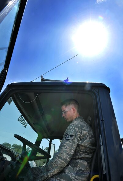 MOODY AIR FORCE BASE, Ga.-- Staff Sgt. Ryan Schmitz, 23rd Logistics Readiness Squadron vehicle maintenance customer services Non-Commissioned officer in charge, attempts to start a semi-truck during mobile operations March 15. Sergeant Schmitz received a work order earlier in the day and responded to the maintenance problem getting the truck to start up after a few minutes of charging. (U.S. Air Force photo/Airman 1st Class Joshua Green)(RELEASED)
