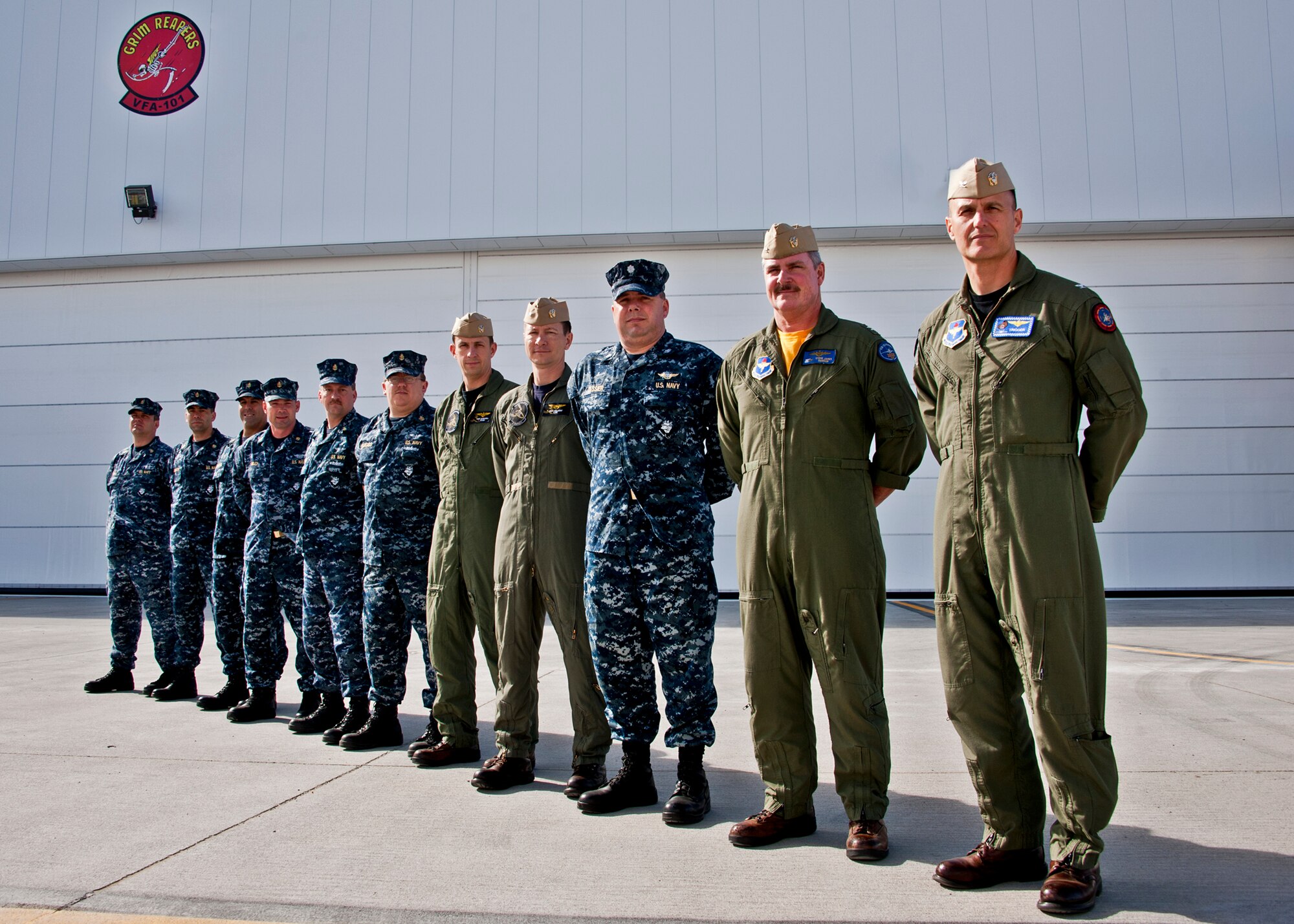 Navy Capt. Michael Saunders leads a contingent of Navy personnel charged with standing up the first Navy Fleet Replacement Squadron, VFA-101 and preparing the way for the Navy’s newest fighter, the F-35C.  (U.S. Air Force photo/Samuel King Jr.)