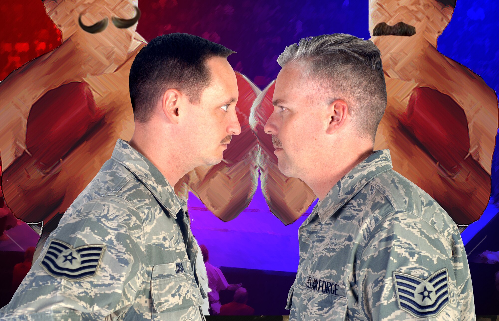 DAVIS-MONTHAN AIR FORCE BASE, Ariz. - Tech. Sgt. Daniel Jirsa, 355th Communications Squadron, and Tech. Sgt. Christopher Campbell, 355th Fighter Wing Public Affairs, sport their mustaches for the unofficial Air Force tradition and phenomenon known as 'Mustache March.' (U.S. Air Force Photo Illustration/Staff Sgt. Valerie Smith)