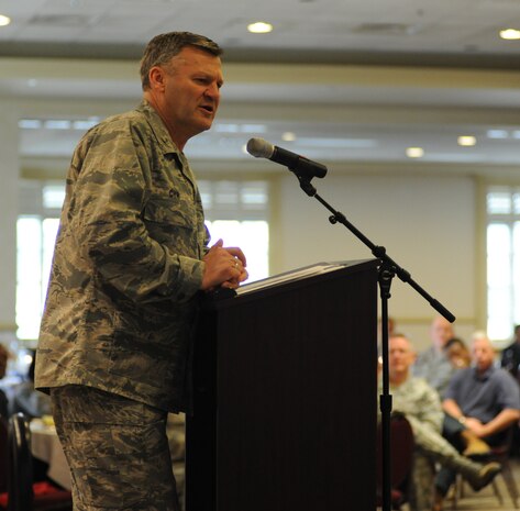 Brigadier Gen. David Cyr speaks about the importance of prayer during the National Prayer Breakfast March 15 at the Charleston Club on Joint Base Charleston. General Cyr is the Air Force Deputy Chief of Chaplains.  (U.S. Air Force photo by Staff Sgt. Nicole Mickle)  