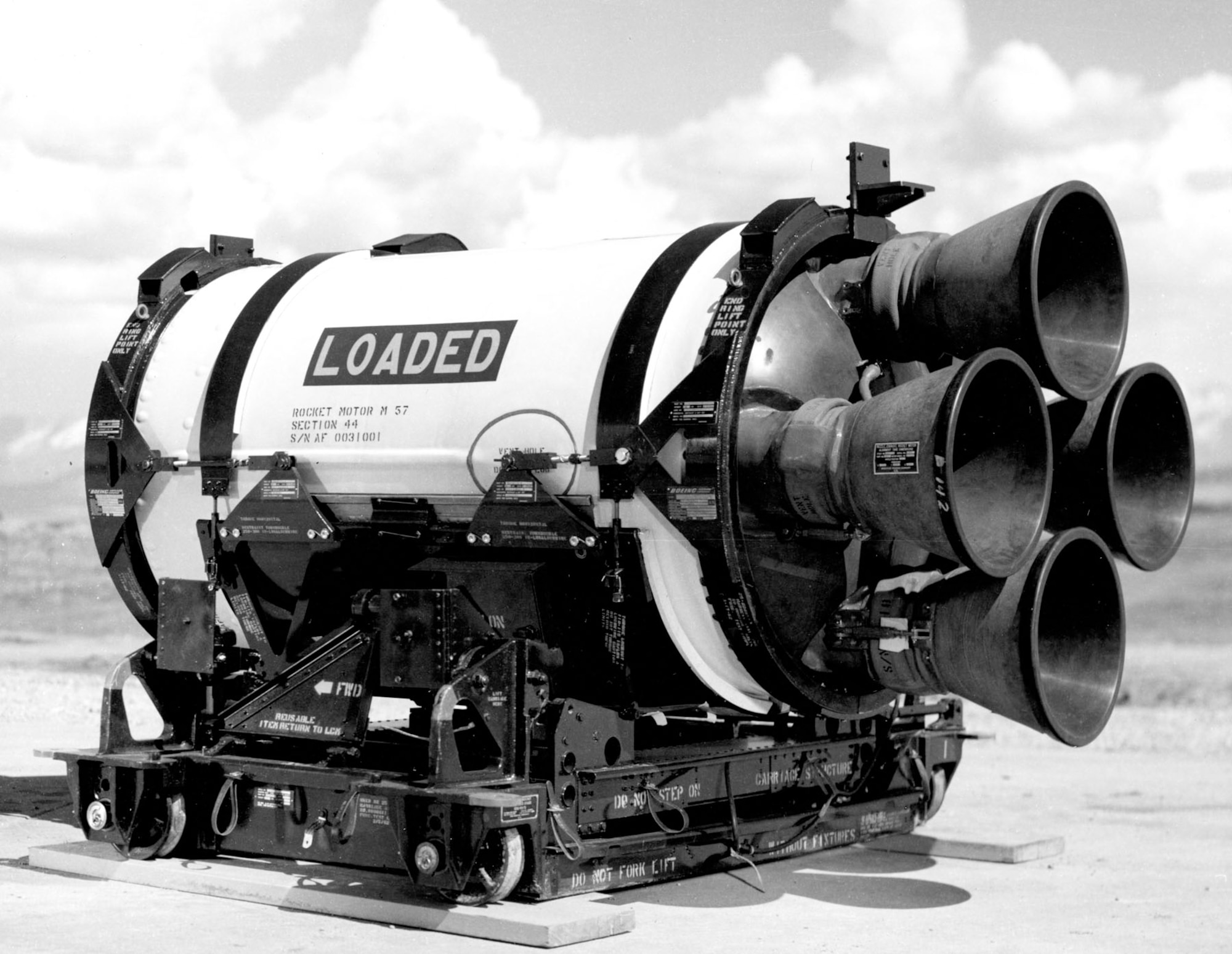 Each solid rocket stage featured four steerable rocket nozzles. This third-stage motor was made by the Hercules Powder Co. (U.S. Air Force photo)