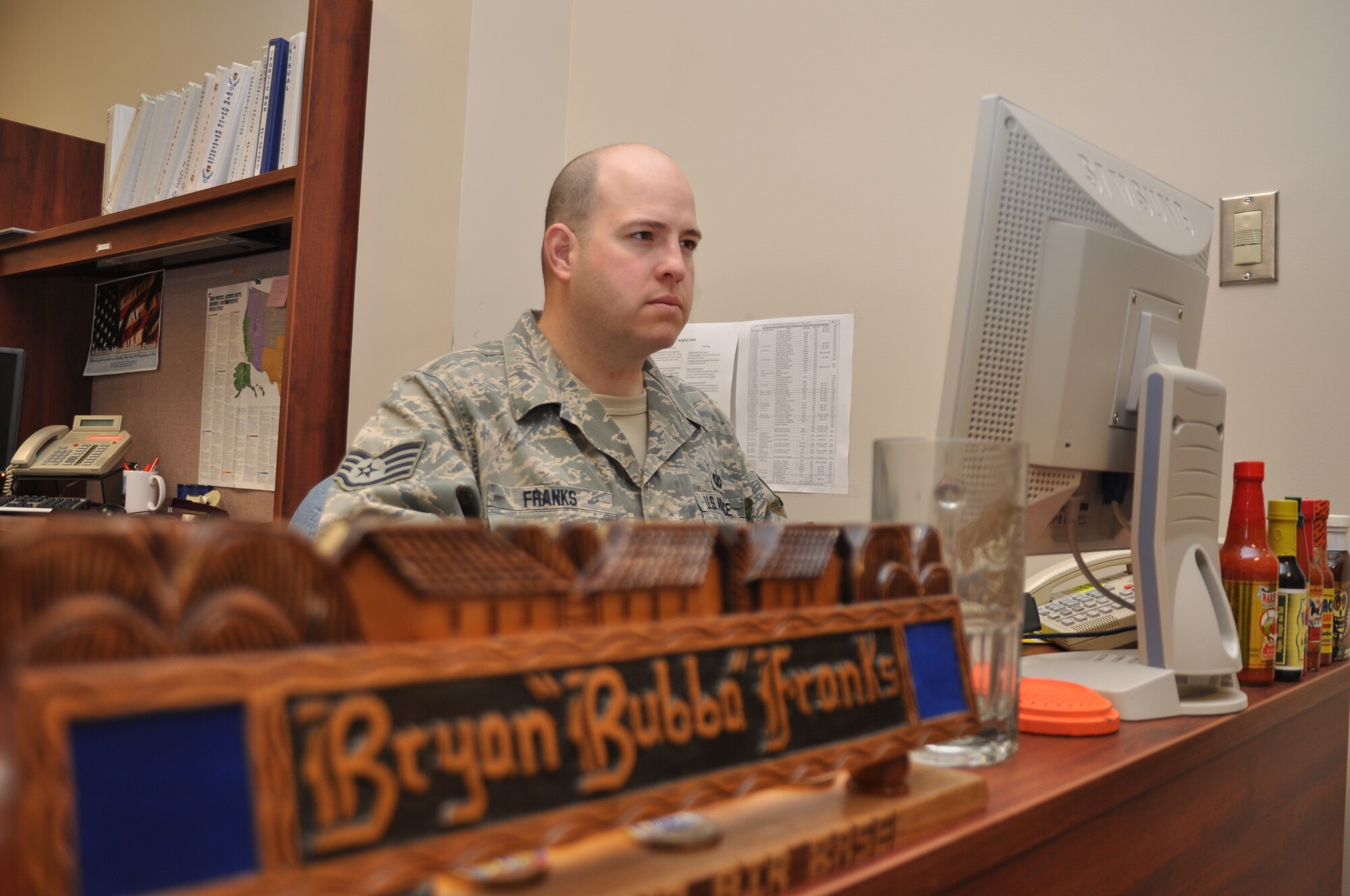 Staff Sgt. Bryan Franks, 14th FlyingTraining Wing Public Affairs NCOIC sends out an electronic press release to notify local media of newsworthy events on Columbus Air Force Base on March 10. (U.S. Air Force photo/Airman 1st Class Chase Hedrick)