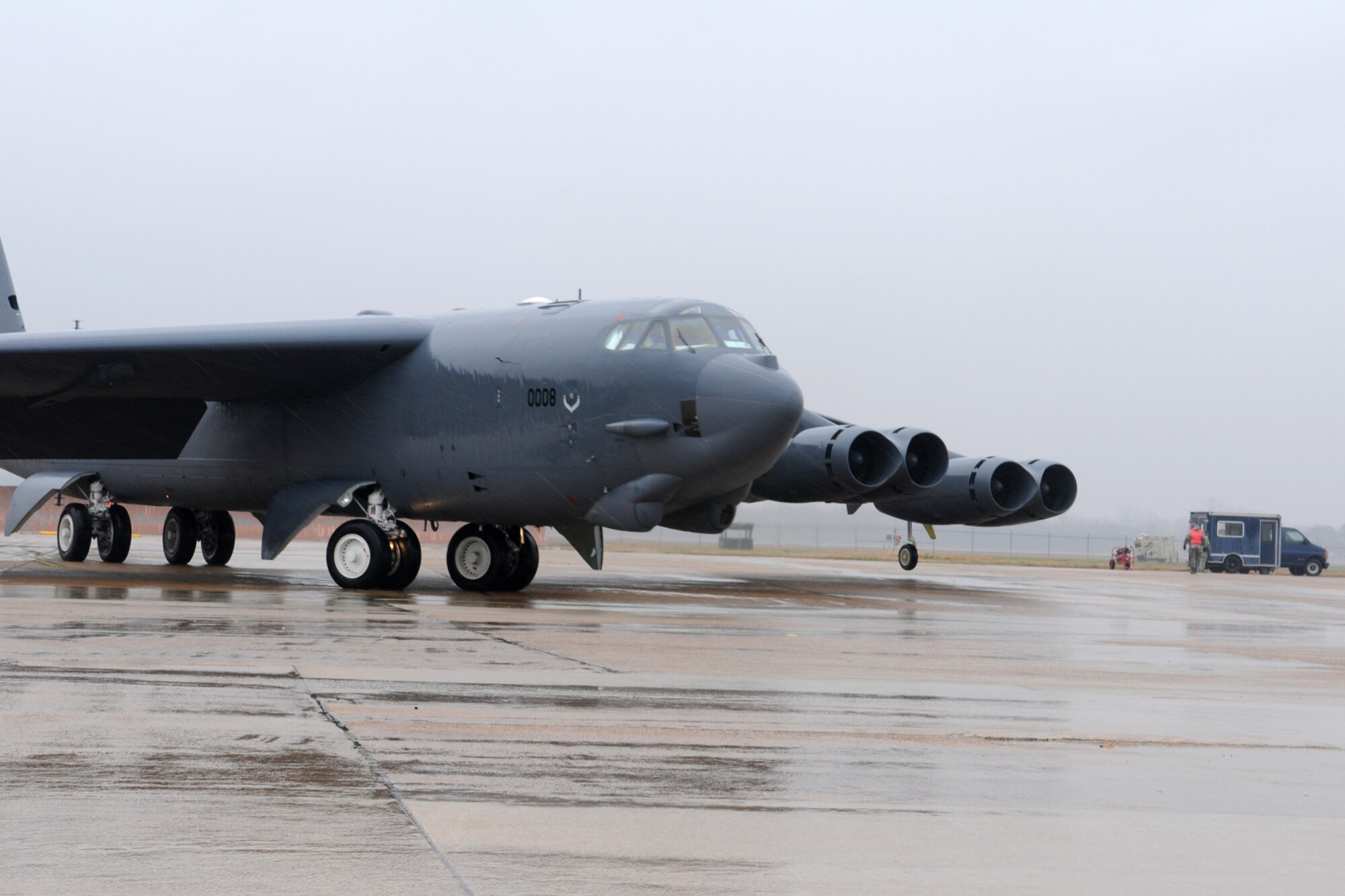 A 2nd Bomb Wing B-52H bomber, call sign Skull 61, taxis for takeoff at Barksdale Air Force Base, La, March 5, 2011. Aircraft 60-008, the 8th Air Force flag ship, was crewed by Air Force Reserve members of the 343rd Bomb Squadron, which is a classic associate unit assigned to the 2nd BW. The launch of this crew and aircraft was significant for being the first supported by 2nd BW operations and maintenance personnel during a 307th Bomb Wing Reserve Unit Training Assembly. (U. S. Air Force Photo/Master Sgt. Greg Steele)