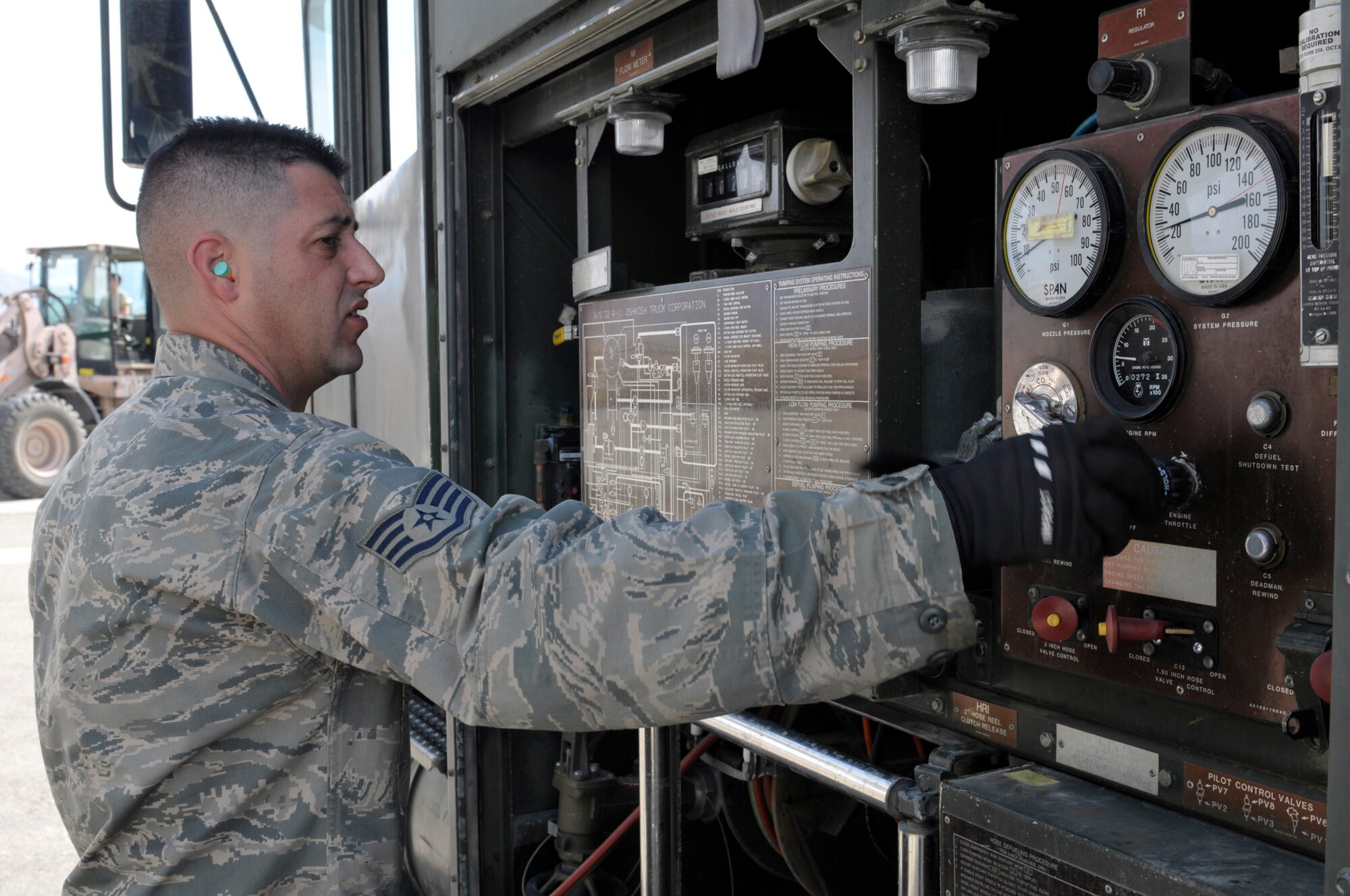 Staff Sgt. Michael Lance, 455th Expeditionary Logistics Readiness Squadron fuels specialist delivers 6000 gallons of fuel to an awaiting 747 March 10 at Camp Marmal, Mazar-e Sharif, Afghanistan. Sergeant Lance is one of fourteen Airmen belonging to the 455th Expeditionary Aerial Port Squadron and 455th Expeditionary Logistics Readiness Squadrons are charged with unloading, loading and refueling every aircraft carrying supplies or personnel into and out of Camp Marmal supporting U.S. Transportation Command. (U.S. Air Force photo by Tech. Sgt. Michael Voss)
