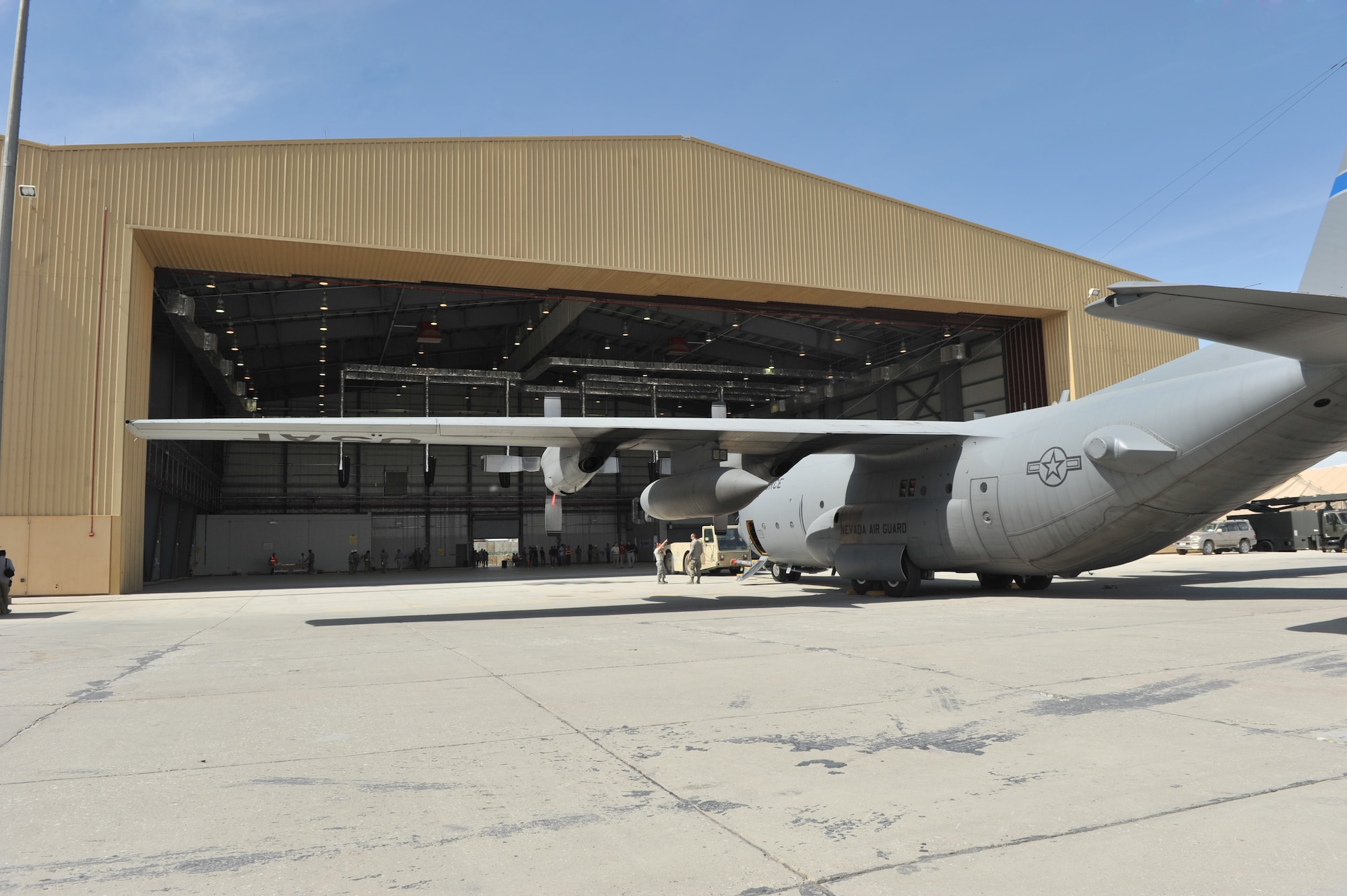 The newly built C-130 hangar began construction in June 2009 and will be the 455th Expeditionary Aircraft Maintenance Squadron's new home at Bagram Airfield, Afghanistan, March 14, 2011. the hange is Afghanistan's first permanent C-130 hangar. (U.S. Air Force photo by Senior Airman Sheila deVera)
