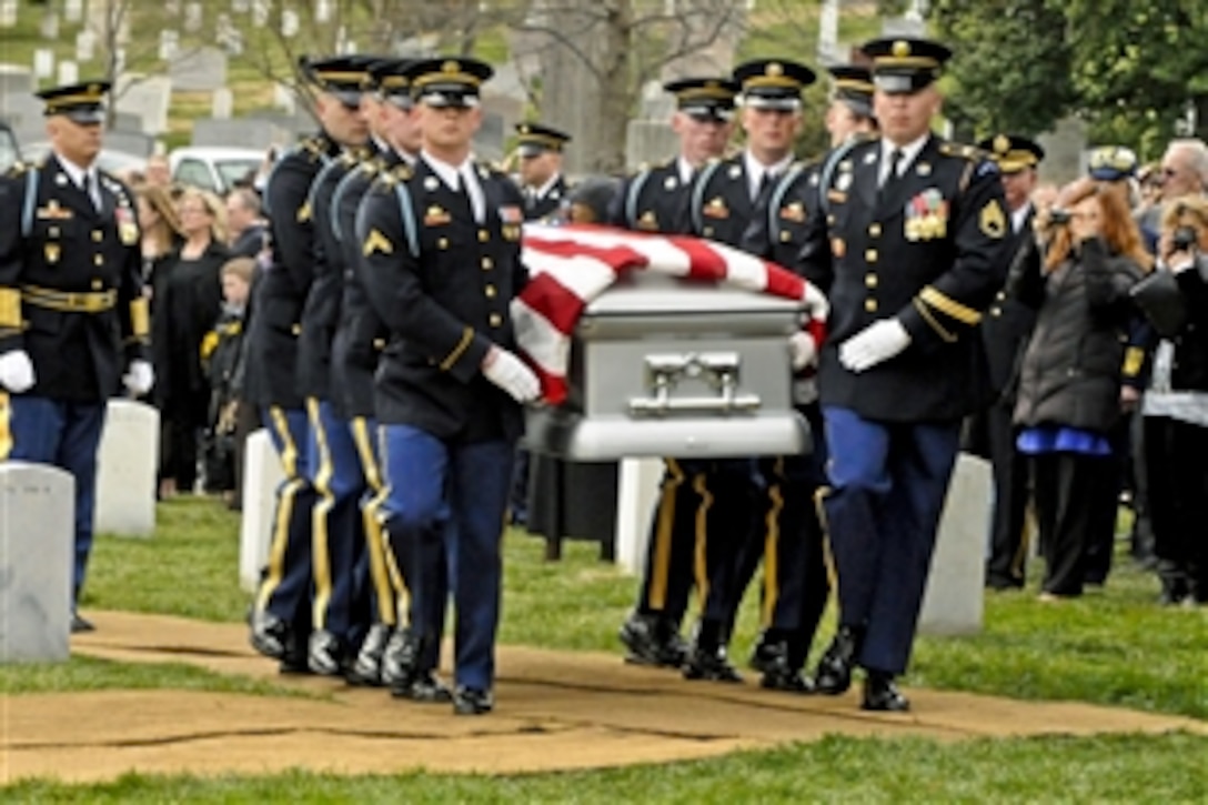 U.S. Army soldiers with 3rd U.S. Infantry Regiment (The Old Guard) carry the casket of Army Cpl. Frank Woodruff Buckles, the last American World War I veteran, for his funeral ceremony at Arlington National Cemetery, March 15, 2011.