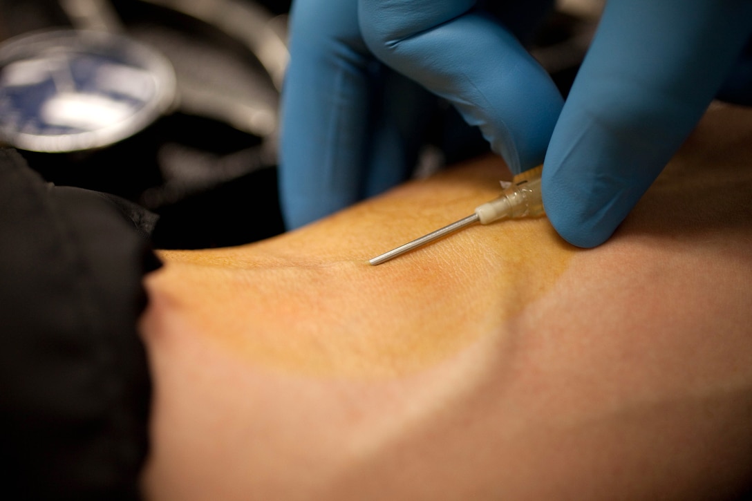 When drawing blood, medical personnel stick the needle in the antecubital space of the arm, where the skin is thinnest and feels the least sensation, making the procedure relatively painless. All it takes is a momentary pinch of a needle to save the life of a service member or their loved ones.