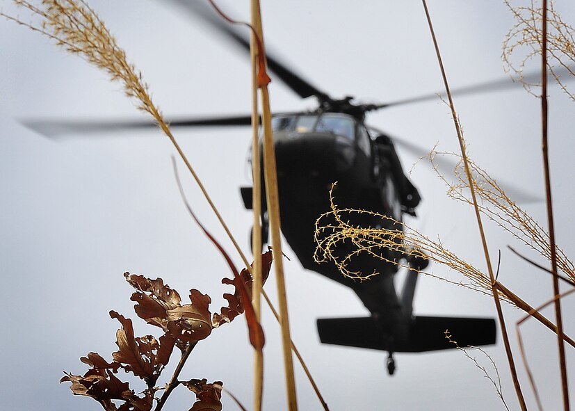 A helicopter lands to rescue a downed pilot duringing a combat search and rescue scenario in Jeugaun, Republic of Korea, March 16. The evaluation tested the pilot's survival techniques such as gathering all evidence of his landing and concealing it with nearby brush. Then the captain also communicated with an A-10 providing cover for rescue efforts. (U.S Air Force photo/Staff Sgt. Daylena Gonzalez)
