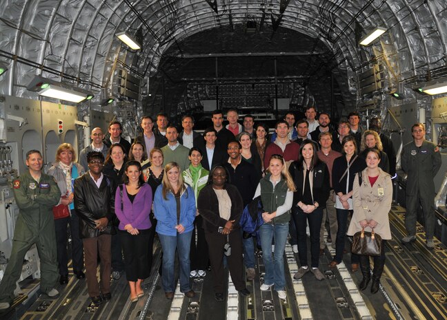 Thirty-six civic leaders from the Lowcountry pose for a group photo during a C-17 orientation flight March 10, at Joint Base Charleston - Air Base. The civic leaders are members of the 2011 Charleston Metro Chamber of Commerce Leadership Charleston program, which offers them the opportunity to explore and analyze issues that impact the Lowcountry region while focusing on leadership principles. (U.S. Air Force photo/ Airman 1st Class Jared Trimarchi) 