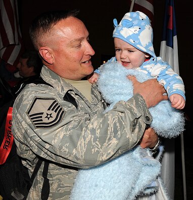 SEYMOUR JOHNSON AIR FORCE BASE, N.C. – Master Sgt. Howard Parker holds his son Jackson after returning home from deployment March 15, 2011. Sergeant Parker is a member of the 4th Equipment Maintenance Squadron.  Approximately 300 Airmen from the 336th Fighter Squadron, 4th Aircraft Maintenance Squadron, 4th Component Maintenance Squadron and the 4th Equipment Maintenance Squadron returned from a deployment to Afghanistan in support of Operation Enduring Freedom. (U.S. Air Force photo/ Senior Airman Gino Reyes)(RELEASED)