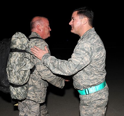 SEYMOUR JOHNSON AIR FORCE BASE, N.C. – 4th Fighter Wing Vice Commander, Col. Shawn Pederson, welcomes troops home from deployment March 15, 2011.  Approximately 300 Airmen from the 336th Fighter Squadron, 4th Aircraft Maintenance Squadron, 4th Component Maintenance Squadron and the 4th Equipment Maintenance Squadron returned from a deployment to Afghanistan in support of Operation Enduring Freedom. (U.S. Air Force photo/ Senior Airman Gino Reyes)(RELEASED)