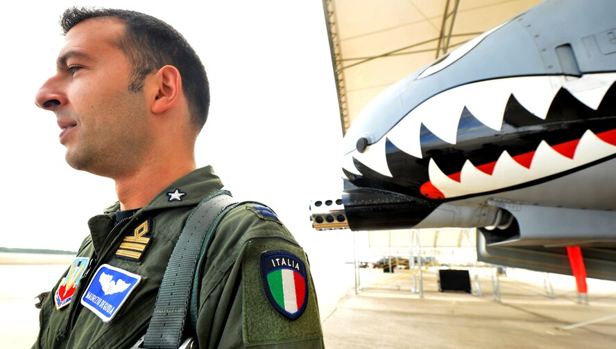 MOODY AIR FORCE BASE, Ga.-- An Italian patch sits on the arm of Capitano (Capt.) Maurizio De Guida , Italian Air Force exchange pilot with the 74th Fighter Squadron, March 1. Captain Guida says this of his mom and fiancé "My mom is a mom, so she worries a lot about me being a fighter pilot, but both her and my fiancé support me and are happy because they can see I am happy living this great experience.” (U.S. Air Force photo/Airman 1st Class Joshua Green)