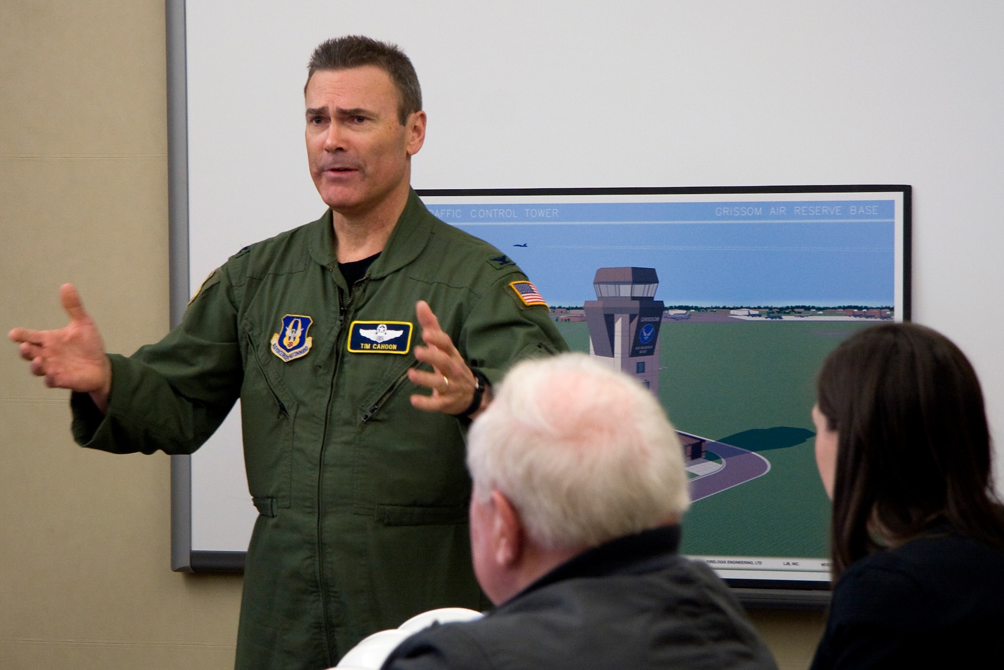 GRISSOM AIR RESERVE BASE, Ind. -- Col. William T. "Tim" Cahoon, 434th Air Refueling Wing commander, briefs elected officials, civic leaders, contractors and base personnel on a new air traffic control tower in the radar approach control facility here March 15 before taking part in the tower's groundbreaking ceremony. When complete, the nine-story tower will provide Grissom's ATC with increased visibility, training simulator area, increased security, office space and enhanced environmental controls. (U.S. Air Force photo/Tech. Sgt. Mark R. W. Orders-Woempner)
