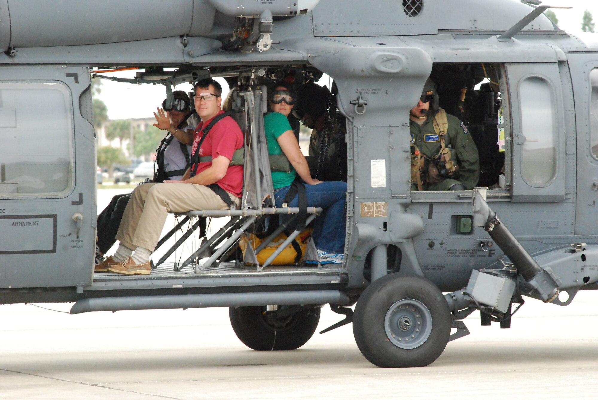 PATRICK AIR FORCE BASE, Fla. - A group  spouses get ready to take off in HH-60G Pave Hawk helicopter. Col. Robert Dunn, 920th Rescue Wing Commander, invited spouses of the Air Force Reservists here to participate in special flights on the Pave Hawk helicopters and HC-130 P/N King airplanes. This event allowed the husbands and wives of hard-working Reservists a glimpse into their drill training weekends and the aircraft they work to maintain. (U.S. Air Force photo/Airman First Class Natasha Dowridge)