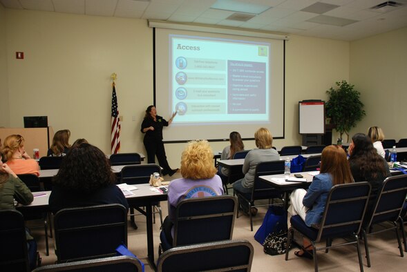 PATRICK AIR FORCE BASE, Fla. - Experts from both military and civilian orginazations briefed an audience of about two dozen military spouses about their benefits and basic military need-to-know information for the Heart Link Program here.  (U.S. Air Force photo/Capt. Ryan Liss)
