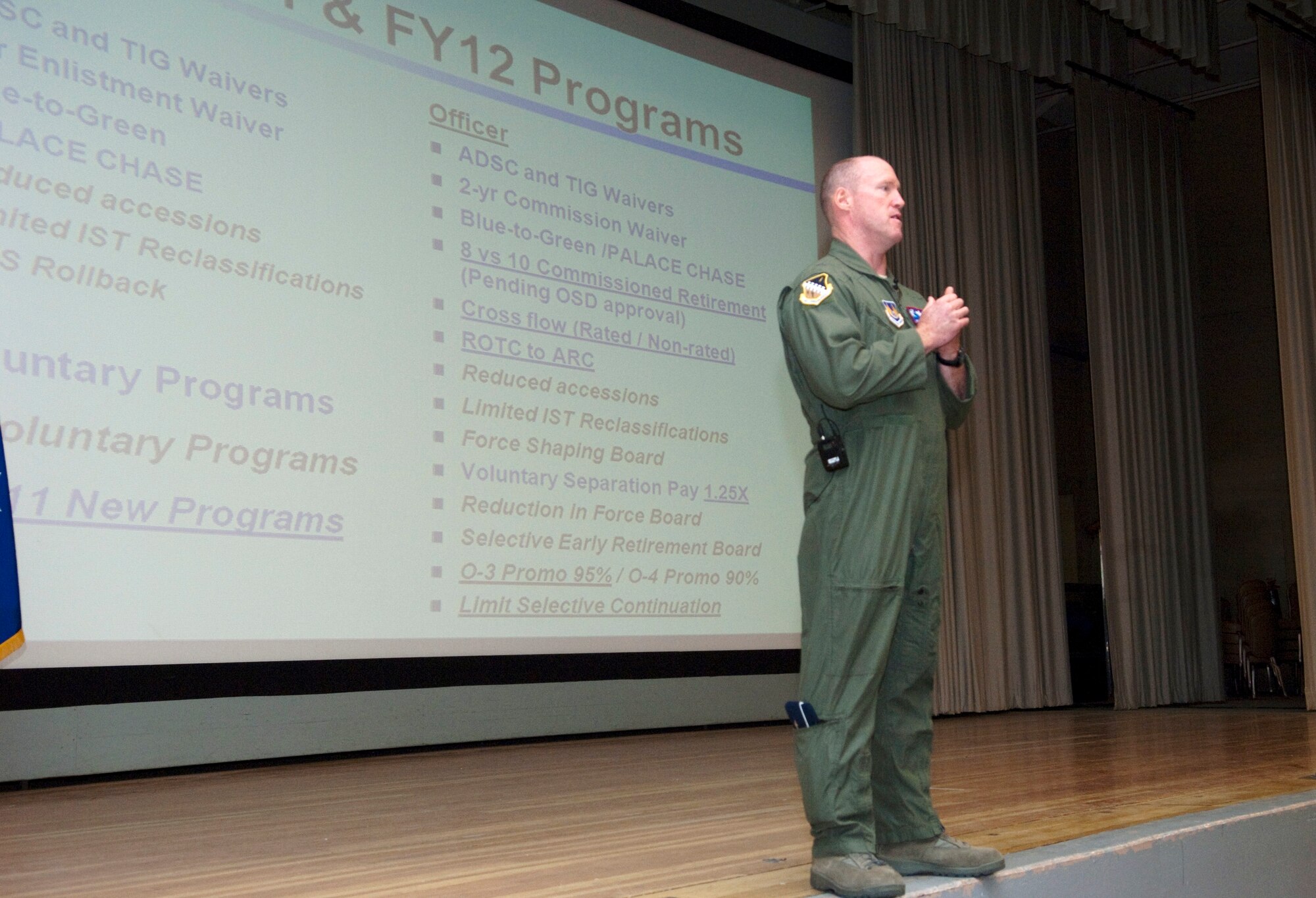 Brig. Gen. Robert C. Nolan II, Air Force Flight Test Center commander, addresses servicemembers and civilians at the Base Theater March 11 during his first Commander‘s Call here. In his briefing, the general thanked base workers and talked about the future of flight testing at Edwards. (Air Force photo by Michael Yncera)