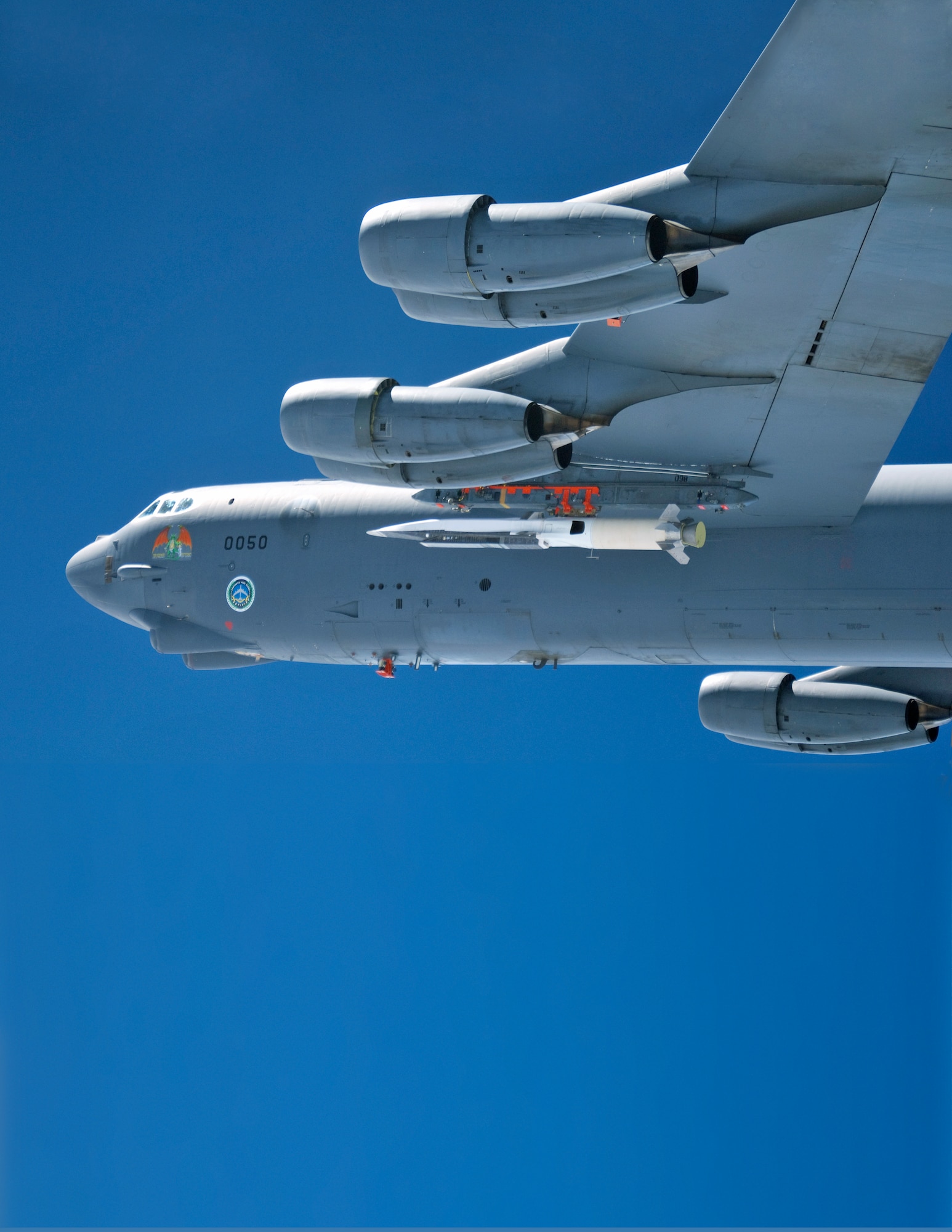 An Air Force Flight Test Center B-52 from Edwards Air Force Base, Calif. carries the X-51A prior to the Waverider's first scramjet-powered hypersonic flight test on March 26, 2010.  The Air Force has made design modifications to the three remaining X-51A  demonstrators and plans to resume the hypersonic flight test program in early spring of 2011.  (U.S. Air Force photo)