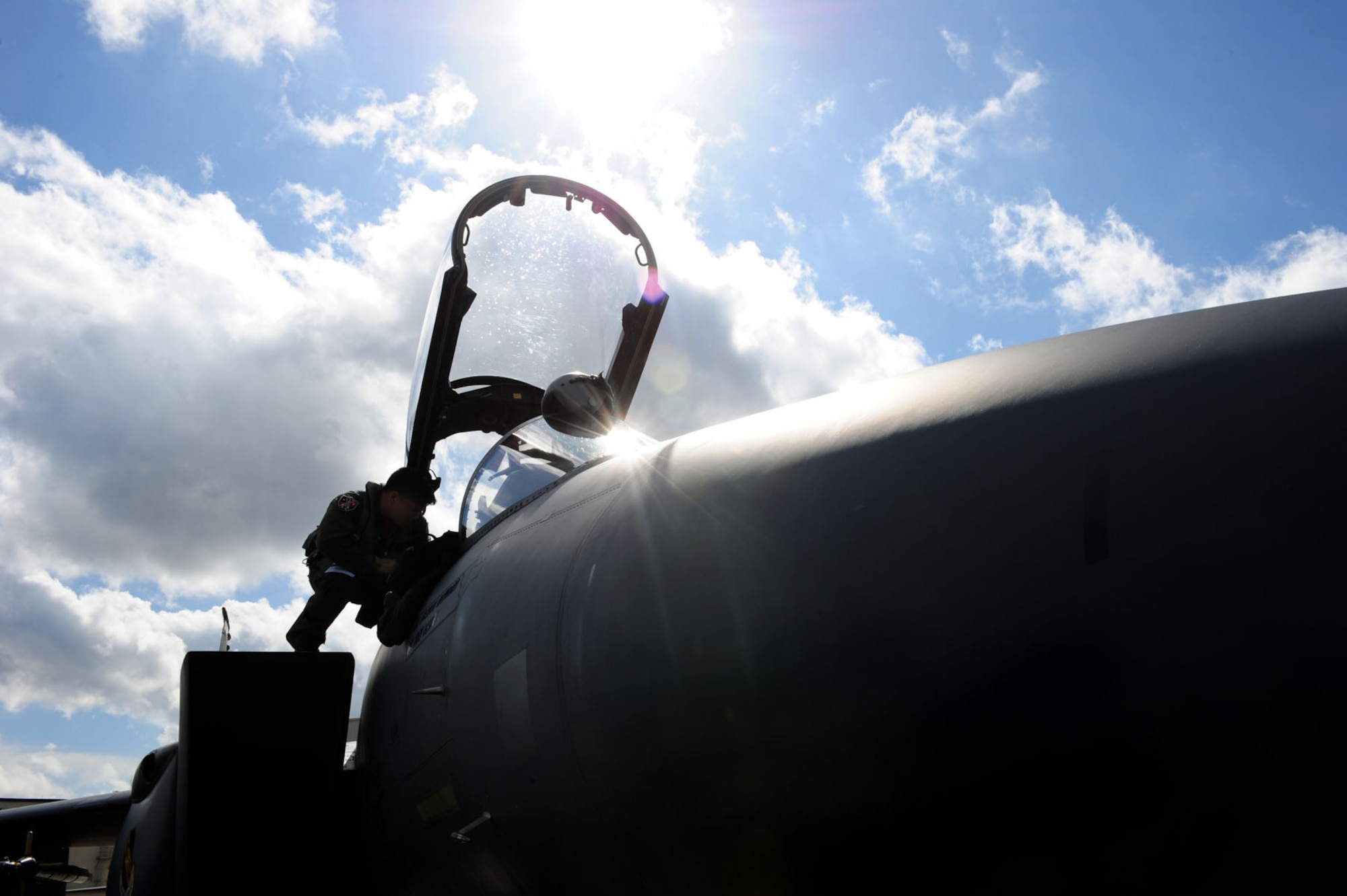 Joint Base Charleston, S.C.-- Capt. Christopher White, F-15E Strike Eagle pilot, 333rd Fighter Squadron, Seymour Johnson AFB, N.C., does a pre-flight inspection on his aircraft while participating in an exercise here., Feb. 25, 2011. (U.S. Air Force photo/Airman 1st Class James Richardson) (RELEASED) 
