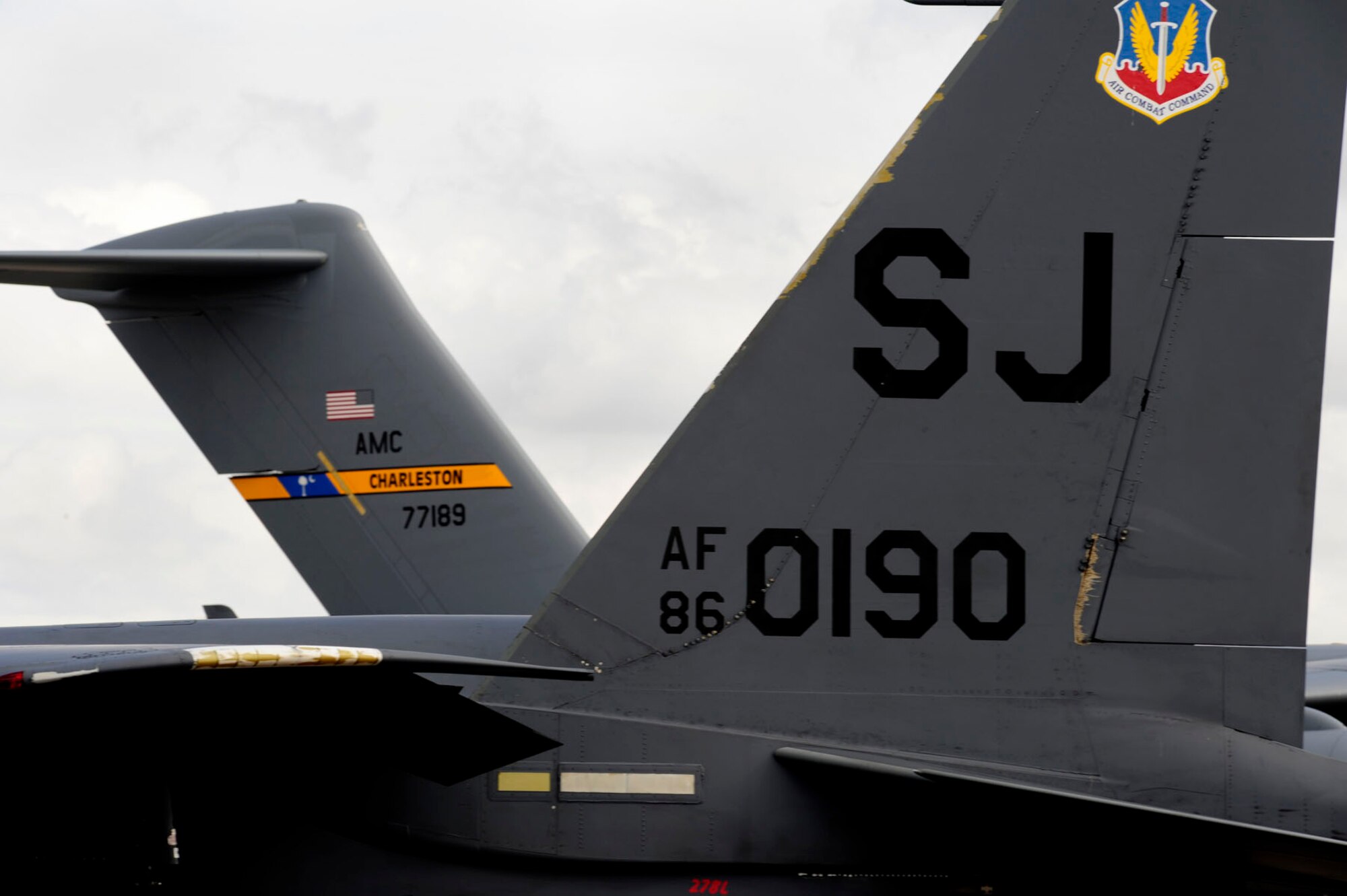 Joint Base Charleston, S.C.-- Tails from a Seymour Johnson F-15E Strike Eagle and a Joint Base Charleston C-17 Globemaster III park next to each other here, Feb. 25, 2011. (U.S. Air Force photo/Airman 1st Class Matthew Bruch)(RELEASED)