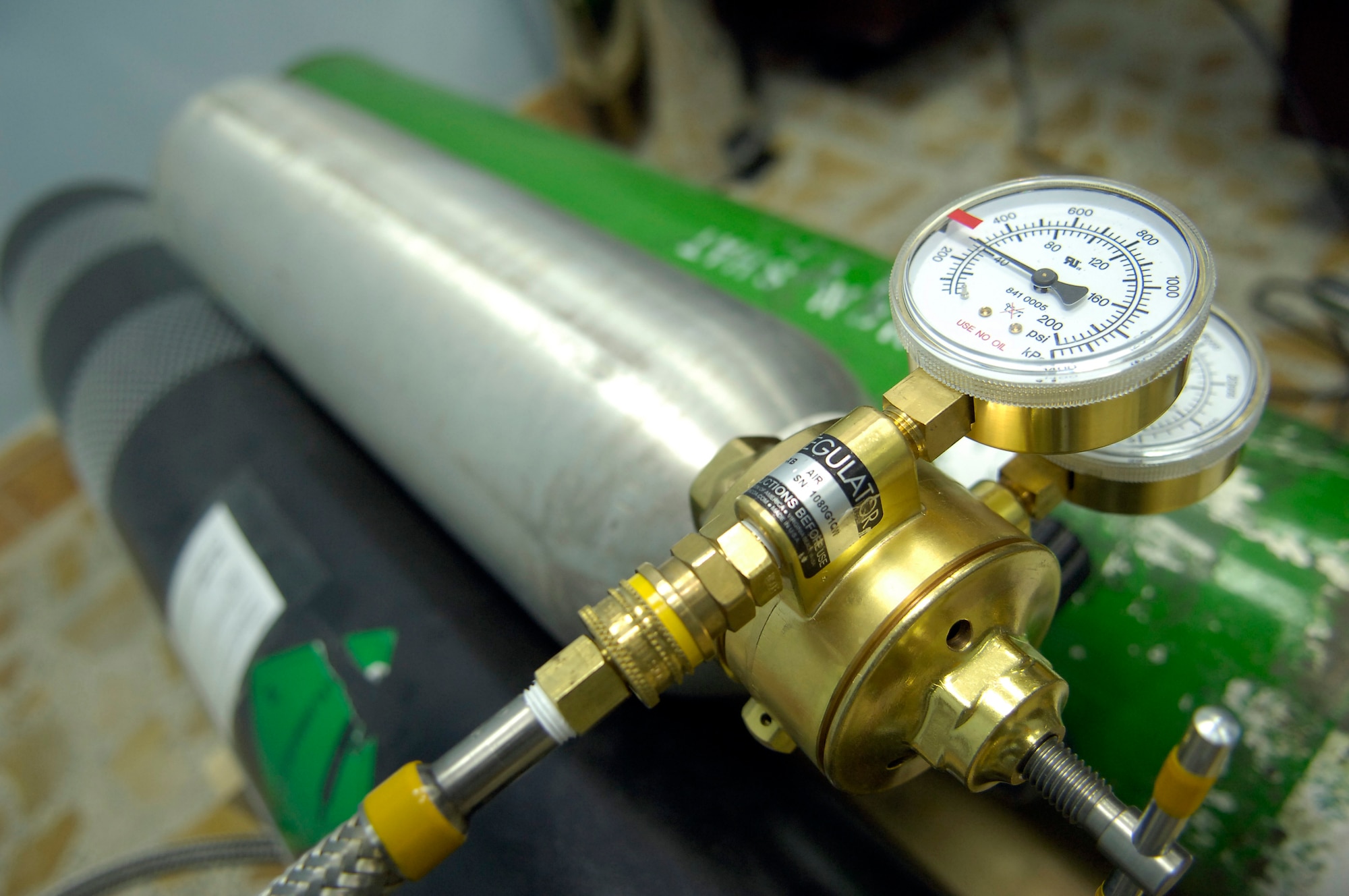 NEW AL-MUTHANA AIR BASE, Iraq –Gauges display the current pressure in the tanks used for Iraq’s first ever reduced oxygen breathing device just before a demonstration at the aeromedical clinic here March 14. The ROBD2 is the second generation of a device invented and patented by the U.S. Navy which is designed to take the place of the altitude chamber for pilot refresher training. (U.S. Air Force photo by Tech. Sgt. Randy Redman)