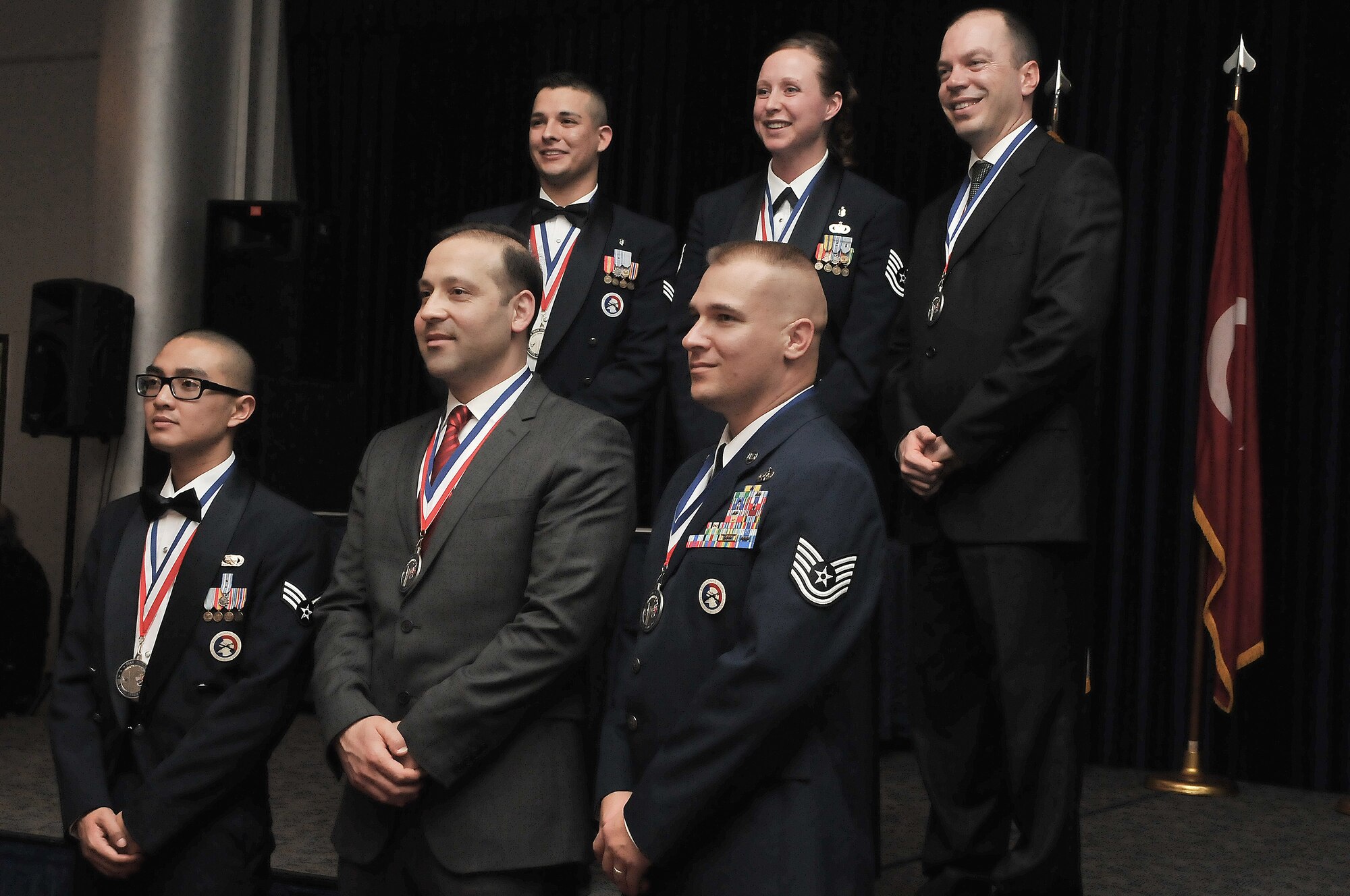 The 2010 Incirlik Annual Award winners line up for a group photo Feb. 25, 2011, at Incirlik Air Base, Turkey: (From bottom left) Senior Airman Berlin Aniciete, of the 39th Logistics Readiness Squadron, Mr. Serdal Gurses, of the 39th Medical Support Squadron, Tech. Sgt. Jerred Mitchell, from the 39th Communications Squadron, (top left) Senior Airman Jordan Herrera, from the 39th Medical Support Squadron, Tech. Sgt. Sally White, from the 39th Medical Operations Squadron, and Mr. Eren Ersoy, of the 39th Comptroller Squadron; not pictured are: Senior Master Sgt. Jonathan Moore, 39th Communications Squadron, Master Sgt. Michael Linley, 39th Operations Squadron, and Lt. Col. Dwayne McCullion, 39th Civil Engineer Squadron. The annual awards banquet is held to honor Team Incirlik personnel who excelled in the 2010 calendar year. (U.S. Air Force photo by Staff Sgt. Alexandre Montes)
