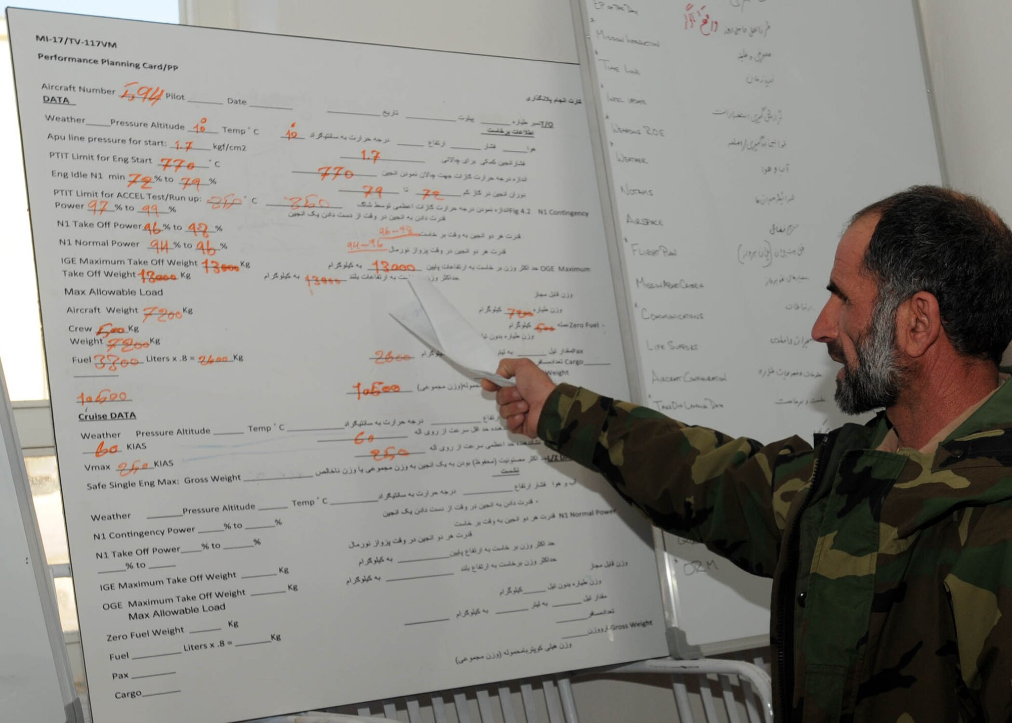 SHINDAND, Afghanistan - Afghan Air Force Capt. Sher Jan,  stationed at the AAF training center in Shindand, Afghanistan, gives a preflight brief before the first flight of an Mi-17 where a AAF Instructor pilot served as chief instructor for an Afghan pilot. (U.S. Navy photo by Mass Communications Specialist 3rd Class Jared E. Walker).