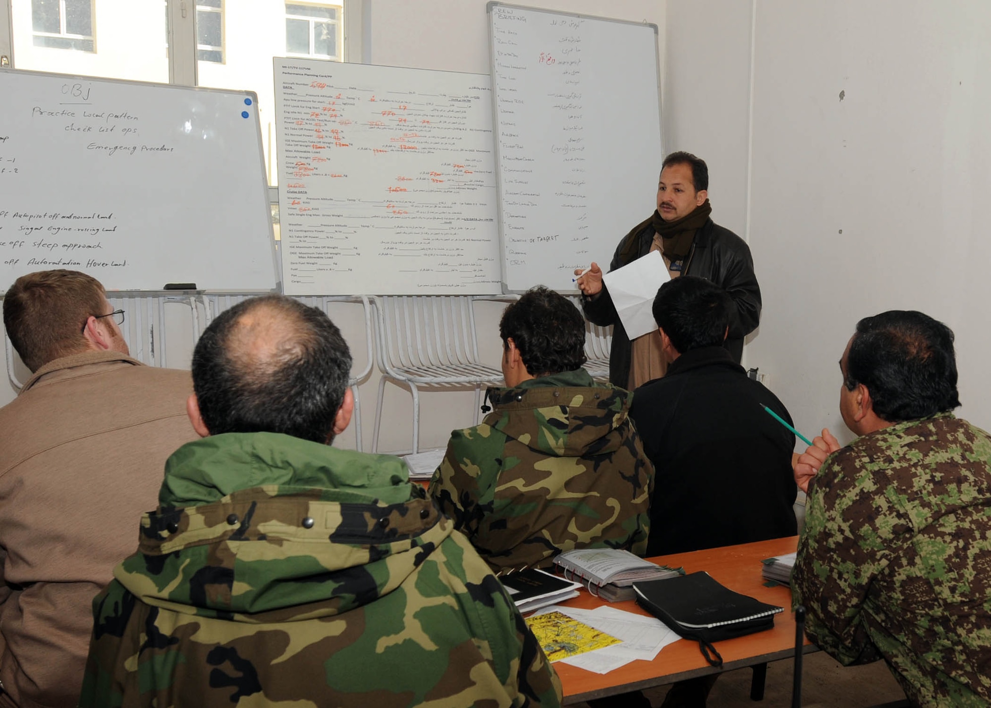 SHINDAND, Afghanistan - Afghan Air Force Capt. Sayed Jalal, stationed at the AAF training center in Shindand, Afghanistan, gives a preflight brief before the first flight of an Mi-17 transport helicopter where an AAF instructor pilot served as the chief instructor for an Afghan pilot.  (U.S. Navy photo by Mass Communications Specialist 3rd Class Jared E. Walker)