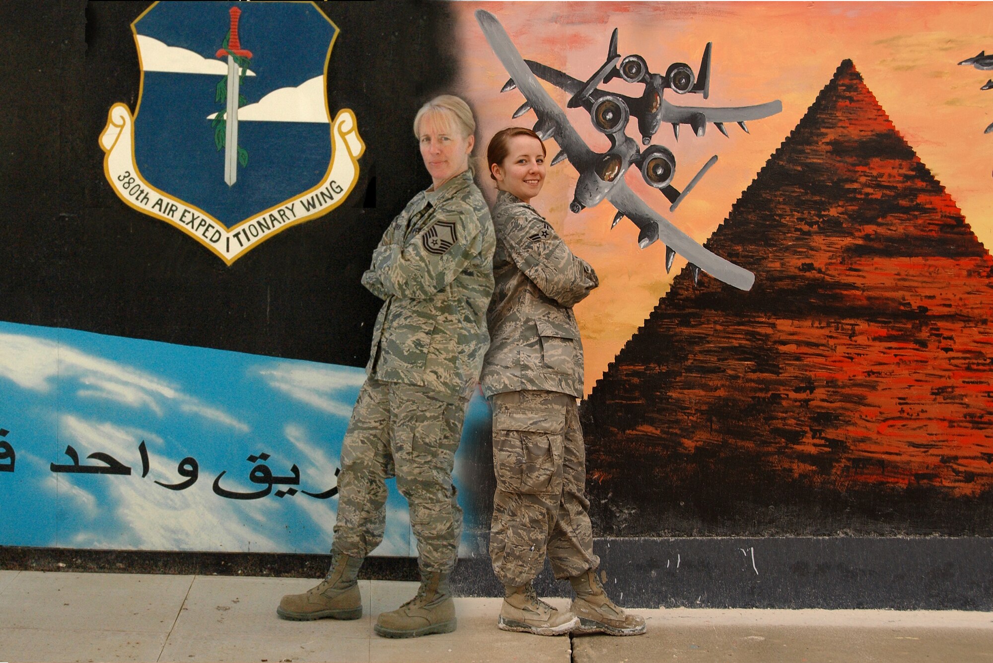 Senior Master Sgt. Katherine Mathew, 380th Expeditionary Medical Group dental technician, has taken her latest mentee, Airman 1st Class Tera Roberts, 71st Expeditionary Air Control Squadron, to a new level. Even though all the Airmen Sergeant Mathew has mentored through the years are very special, Airman Roberts isn't just another Airman, she's her daughter. (U.S. Air Force graphic illustration by Master Sgt. Julie Briden-Garcia)