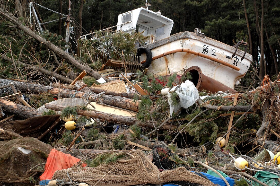 A fishing vessel lies deep inside a wooded area after being swept inland by a tsunami in Hachinohe, Japan, March 15, 2011. U.S. service members are assisting in relief efforts after an 8.9 earthquake and tsunami devastated parts of Japan.