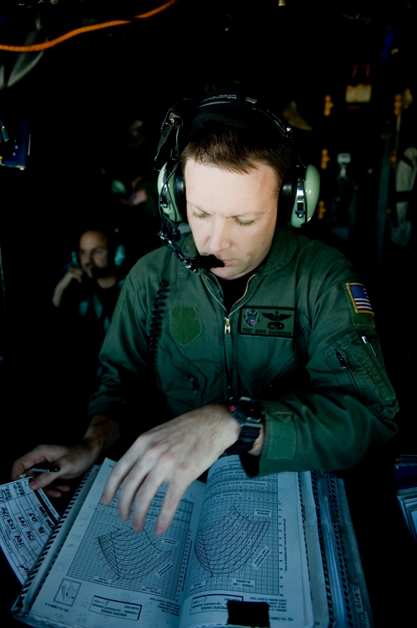 YAMAGATA, Japan -- Tech. Sgt. Dave Harwood, 17th Special Operations Squadron flight engineer, calculates the take off landing distance to Yamagata Airport to a establish forward area refueling point (FARP) March 17. The FARP members defueled the MC-130P and fueled four fuel bladders for a total of 36,000 pounds of JP-8 fuel. FARPs allow aircraft to operate at further distances by allowing the aircraft to stop and refuel where typically no fuel exists.  The FARP team is capable of providing fuel to remote and austere locations. The fuels at Yamagata Airport will be used for American forces search and recovery teams during Japans earthquake and tsunami relief. (U.S. Air Force photo/ Staff Sgt. Jonathan Steffen)
