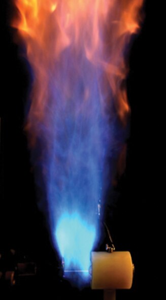This photograph, exposed over several milliseconds, shows both the laser-induced spark and the subsequent ignition of the flame. (U.S. Air Force photo)
