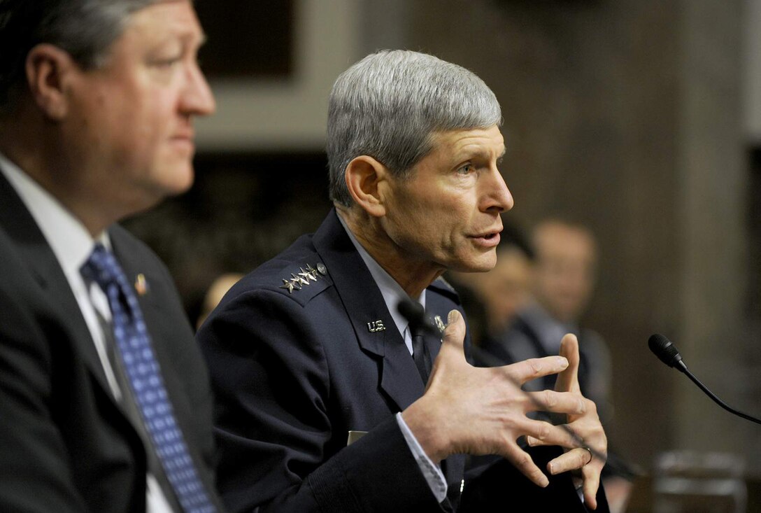 Air Force Chief of Staff Gen. Norton Schwartz answers a question on the Air Force's fiscal 2012 budget proposal during a Senate Armed Services Committee hearing March 17, 2011, in Washington, D.C.  (U.S. Air Force photo/Scott M. Ash)