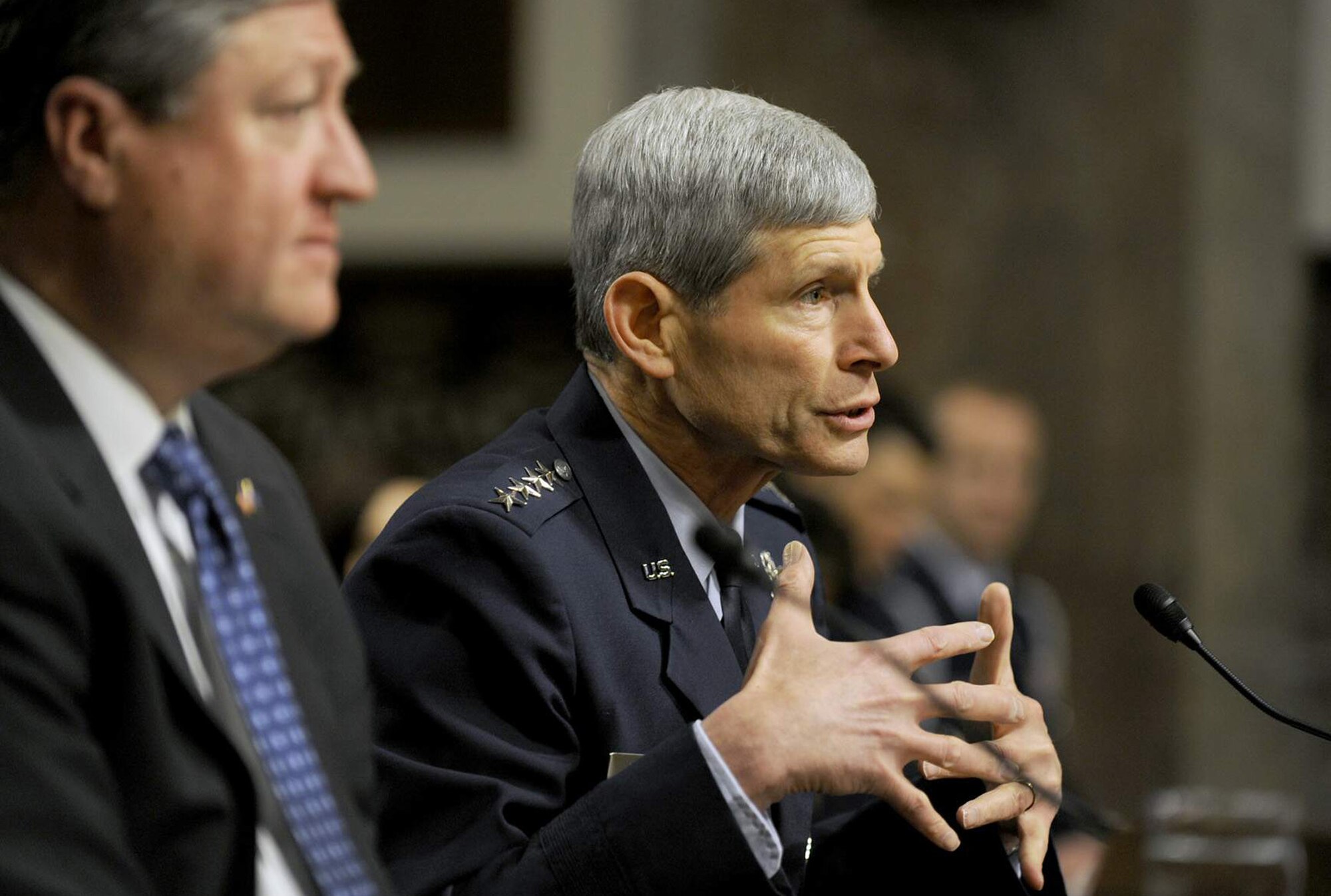 Air Force Chief of Staff Gen. Norton Schwartz answers a question on the Air Force's fiscal 2012 budget proposal during a Senate Armed Services Committee hearing March 17, 2011, in Washington, D.C.  (U.S. Air Force photo/Scott M. Ash)