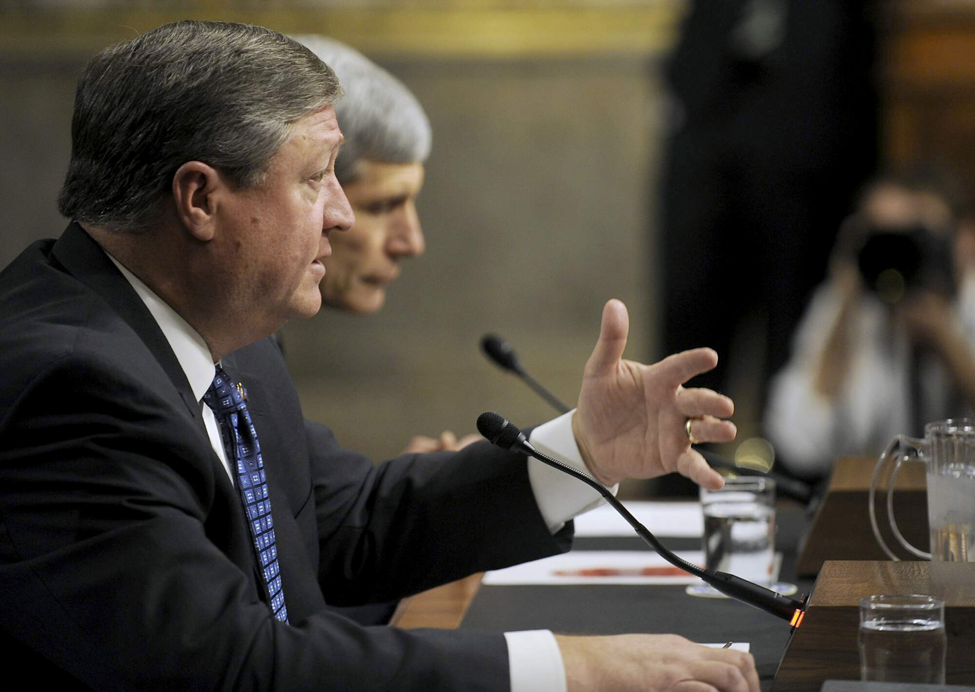 Secretary of the Air Force Michael Donley answers a question on the Air Force's fiscal 2012 budget proposal during a Senate Armed Services Committee hearing March 17, 2011, in Washington, D.C.  (U.S. Air Force photo/Scott M. Ash)