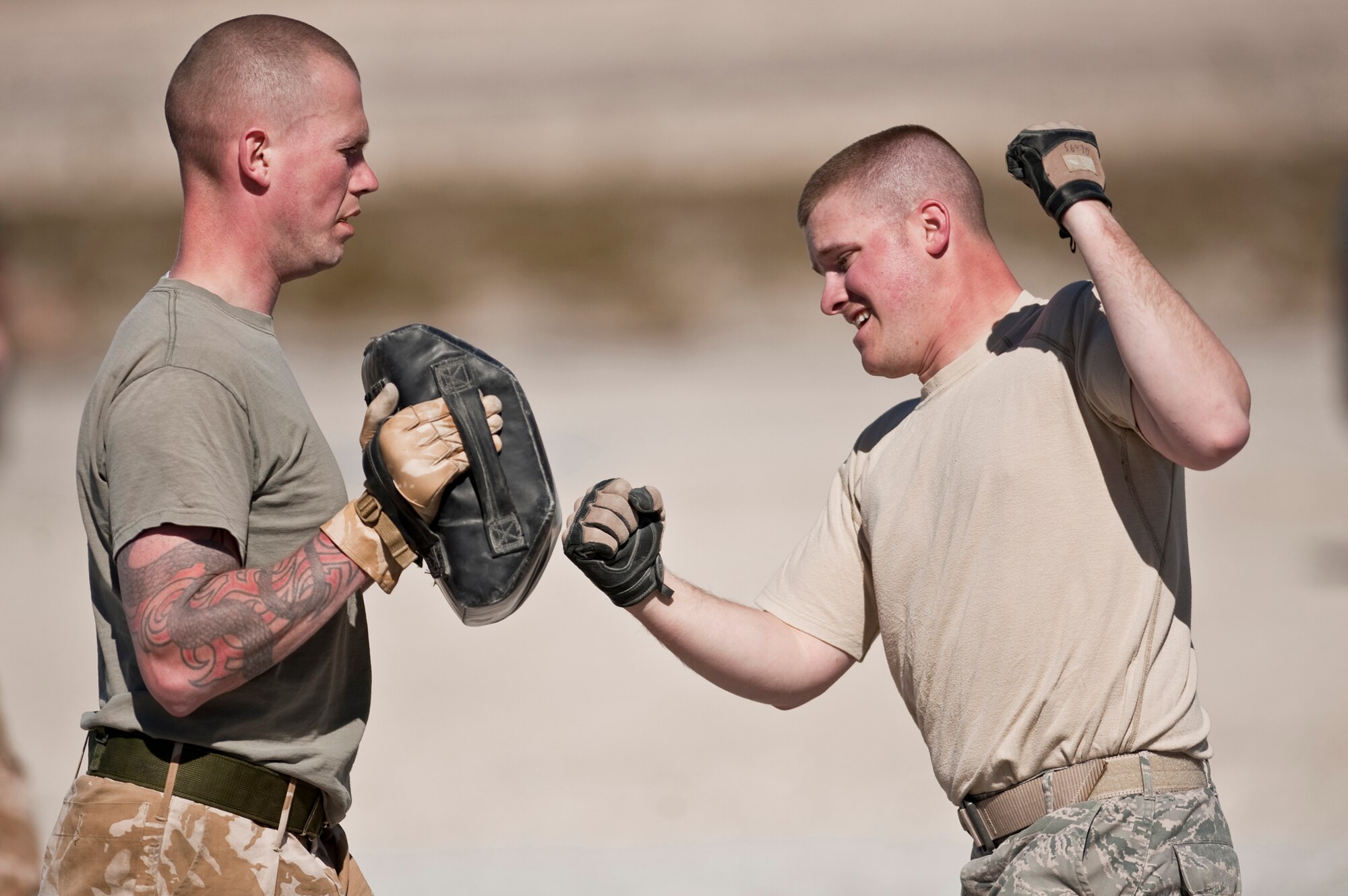 Royal Air Force Senior Aircraftsman Neil Morgan holds a pad as Staff Sgt. Patrick Steele practices a hand-to-hand combat technique March 8, 2011, as part of Desert Eagle, a combined exercise at the Nevada Test and Training Range. Sergeant Steele is assigned to the 820th Base Defense Squadron. (U.S. Air Force photo/Tech. Sgt. Michael R. Holzworth)
