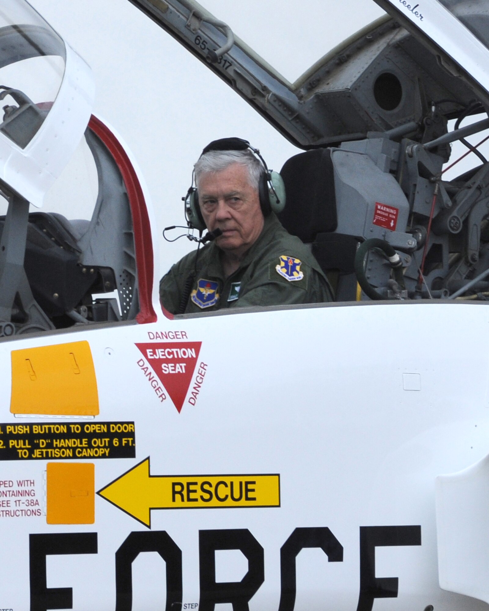 Retired Lt. Col. Donald Wheeler, a member of the first class to train in the T-38, flew the backseater position of the T-38 anniversary plane at Randolph March 17. The ceremony commemorated  the 50th anniversary of the arrival of the T-38 at Randolph. Originally nicknamed the white rocket, the T-38 became the Air Force's first supersonic jet trainer. The aircraft is used to prepare Air Force pilots for front-line fighter and bomber aircraft such as the F-15E Strike Eagle, B-1B Lancer and F-22 Raptor. The Talon has flown more than 13 million hours and has seen more than 70,000 U.S. Airmen trained.  (U.S. Air Force photo/Rich McFadden)