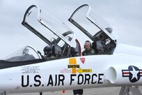 Capt. Alex "Count" Edwards, 560th Flying Training Squadron instructor pilot, lands the anniversary edition of the T-38 at Randolph March 17. Captain Edwards' backseater for the flight was retired Lt. Col. Donald Wheeler, who was a member of the first T-38 pilot instructor class. The ceremony commemorated  the 50th anniversary of the arrival of the T-38 at Randolph. Originally nicknamed the white rocket, the T-38 became the Air Force's first supersonic jet trainer. The aircraft is used to prepare Air Force pilots for front-line fighter and bomber aircraft such as the F-15E Strike Eagle, B-1B Lancer and F-22 Raptor. The Talon has flown more than 13 million hours and has seen more than 70,000 U.S. Airmen trained.  (U.S. Air Force photo/Rich McFadden)