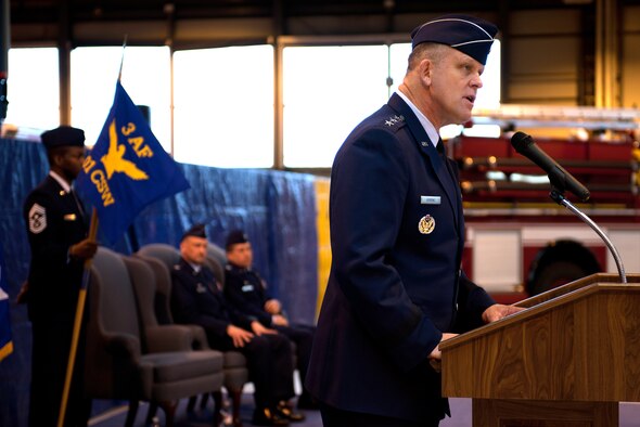 RAF ALCONBURY, United Kingdom - Lt. Gen. Frank Gorenc, Third Air Force commander, addresses the Airmen of the 501st Combat Support Wing during a change of command ceremony March 17 at RAF Alconbury. (U.S. Air Force photo by Tech. Sgt. John Barton)