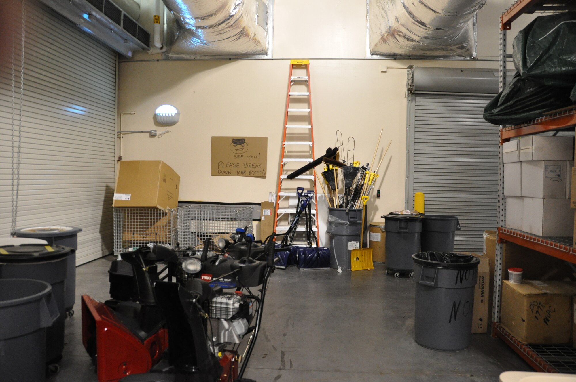 This before photo shows where cardboard was collected and cleaning supplies contained in the warehouse at the Charles C. Carson Center for Mortuary Affairs. As part of an Air Force Smart Operations for the 21st Century initiative, a team conducted a 6S project on the warehouse where the focus was safety, sort, straighten, shine, standardize and sustain. (U.S. Air Force photo/Christin Michaud)