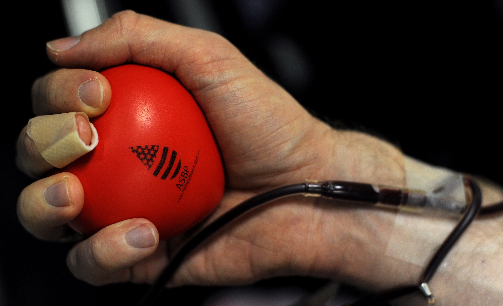 WHITEMAN AIR FORCE BASE, Mo. -- Capt. Kevin Normile, 509th Bomb Wing judge advocate chief of labor and contract law, squeezes an Armed Services Blood Program squishy-ball to get his blood pumping during an ASBP blood drive March 16, 2011.  The blood collected will be used to care for deployed forces. (U.S. Air Force photo by Senior Airman Kenny Holston)(Released)

