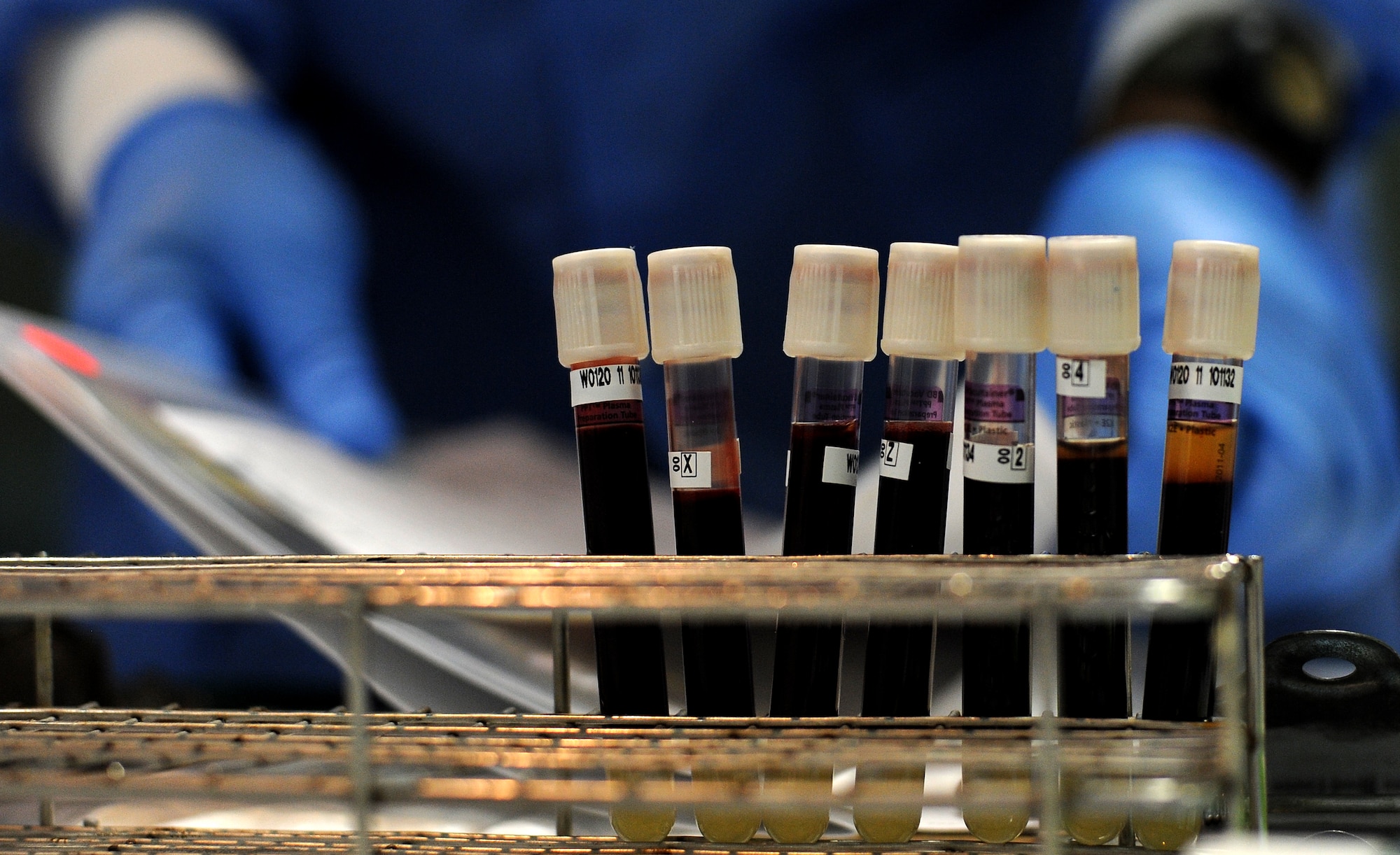 WHITEMAN AIR FORCE BASE, Mo. -- Vials of blood are place in a rack after being drawn from military and civilian blood donors at Whiteman AFB March 16, 2011.  Members of the Armed Services Blood Program drew blood from several donors and ensured a.smooth transaction The blood collected will be used to care for deployed forces. (U.S. Air Force photo by Senior Airman Kenny Holston)(Released)

