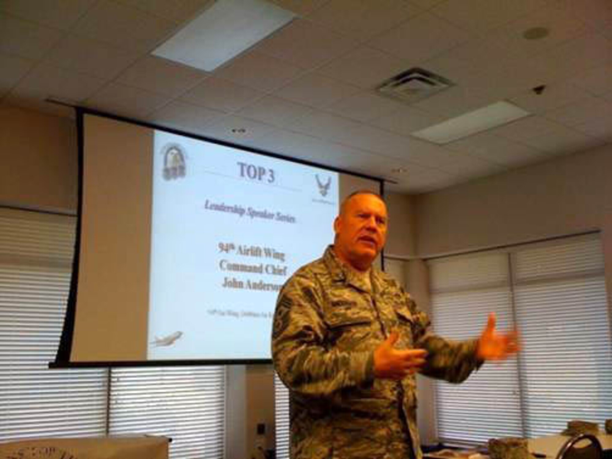 Chief Master Sgt. John Anderson, 94th Airlift Wing command chief, delivers a final address with words of encouragement and mentoring to the senior NCO leadership at the Dobbins TOP 3 meeting during the March unit training assembly.  (U.S. Air Force photo/Master Sgt. Larry Lopez)