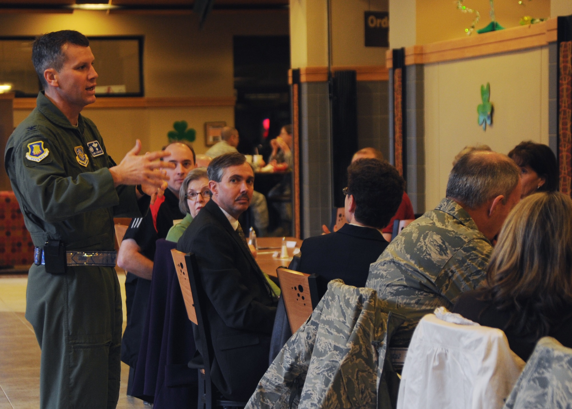 Col. Jamie Crowhurst, 22nd Air Refueling Wing commander, talks with civic leaders as part of an outreach lunch March 9, 2011, McConnell Air Force Base, Kan. Prior to the lunch, Trina Bauer, City of Derby recreation director, participated in the Air Force physical test, getting a firsthand look at what the Air Force requires of its Airmen. Civic leader luncheons are held to foster communication between McConnell and the surrounding community. (U.S. Air Force photo/Airman 1st Class Katrina M. Brisbin)